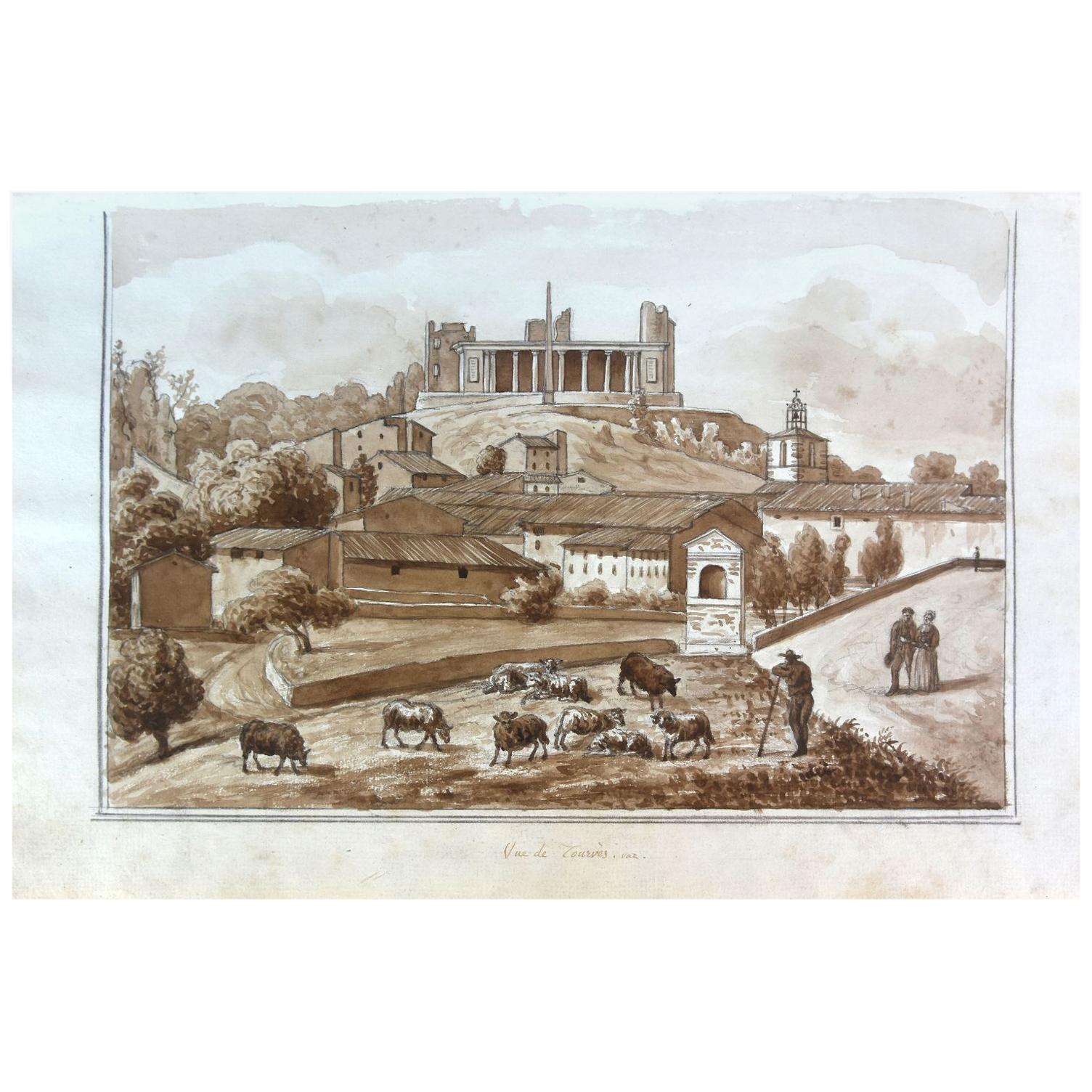 View of Tourves Watercolor Drawing on Paper from the 18th Century For Sale