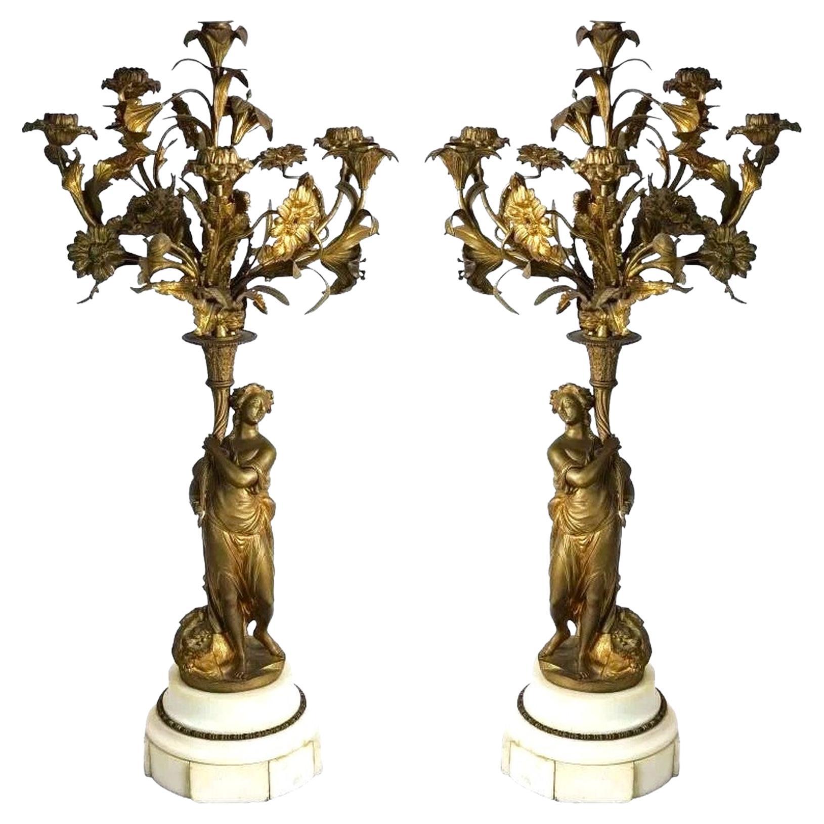 Early 19thc Antique French Bronze Candelabras With Marble Base For Sale