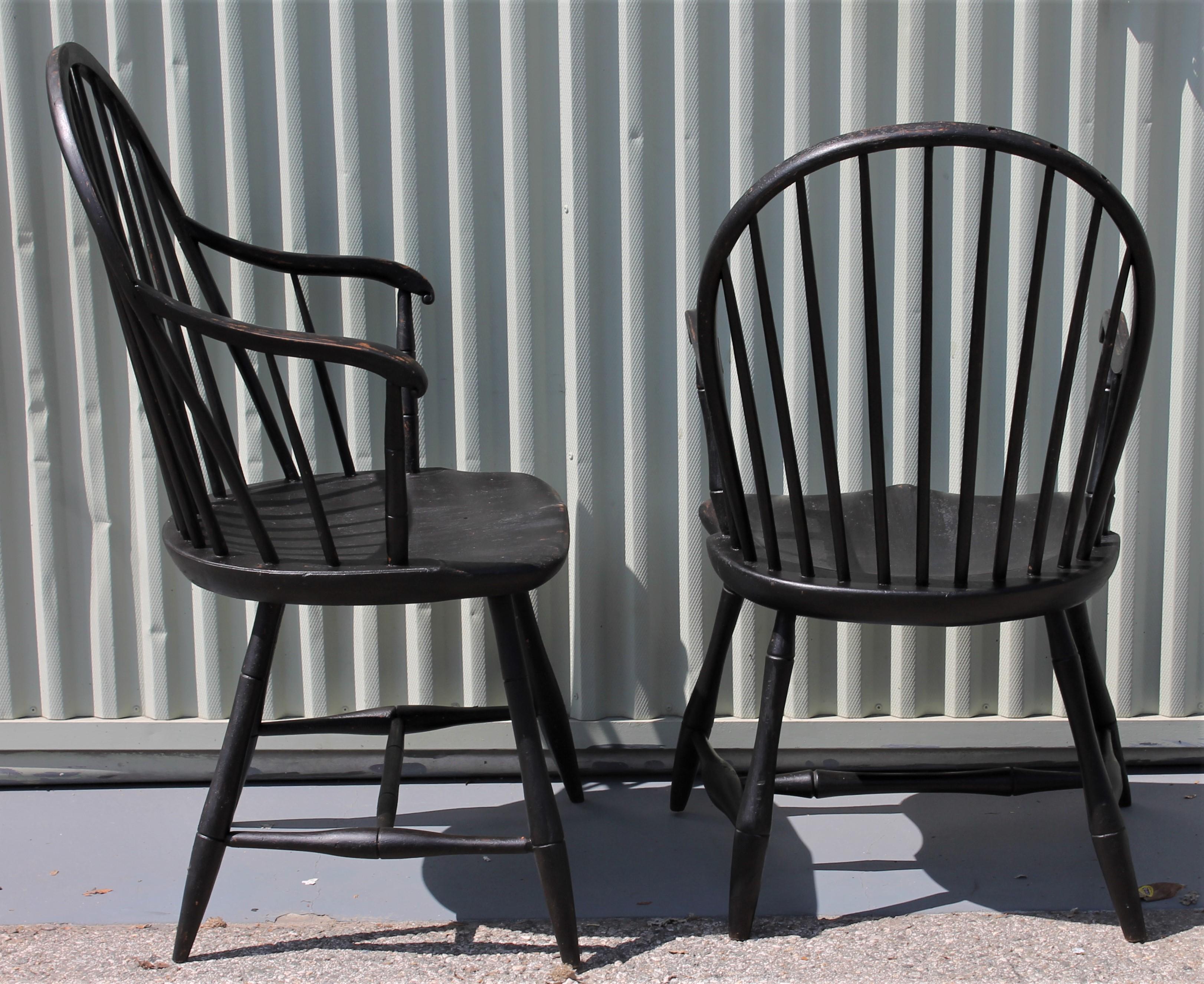 Hand-Crafted Early 19th Century Black Painted Windsor Armchairs
