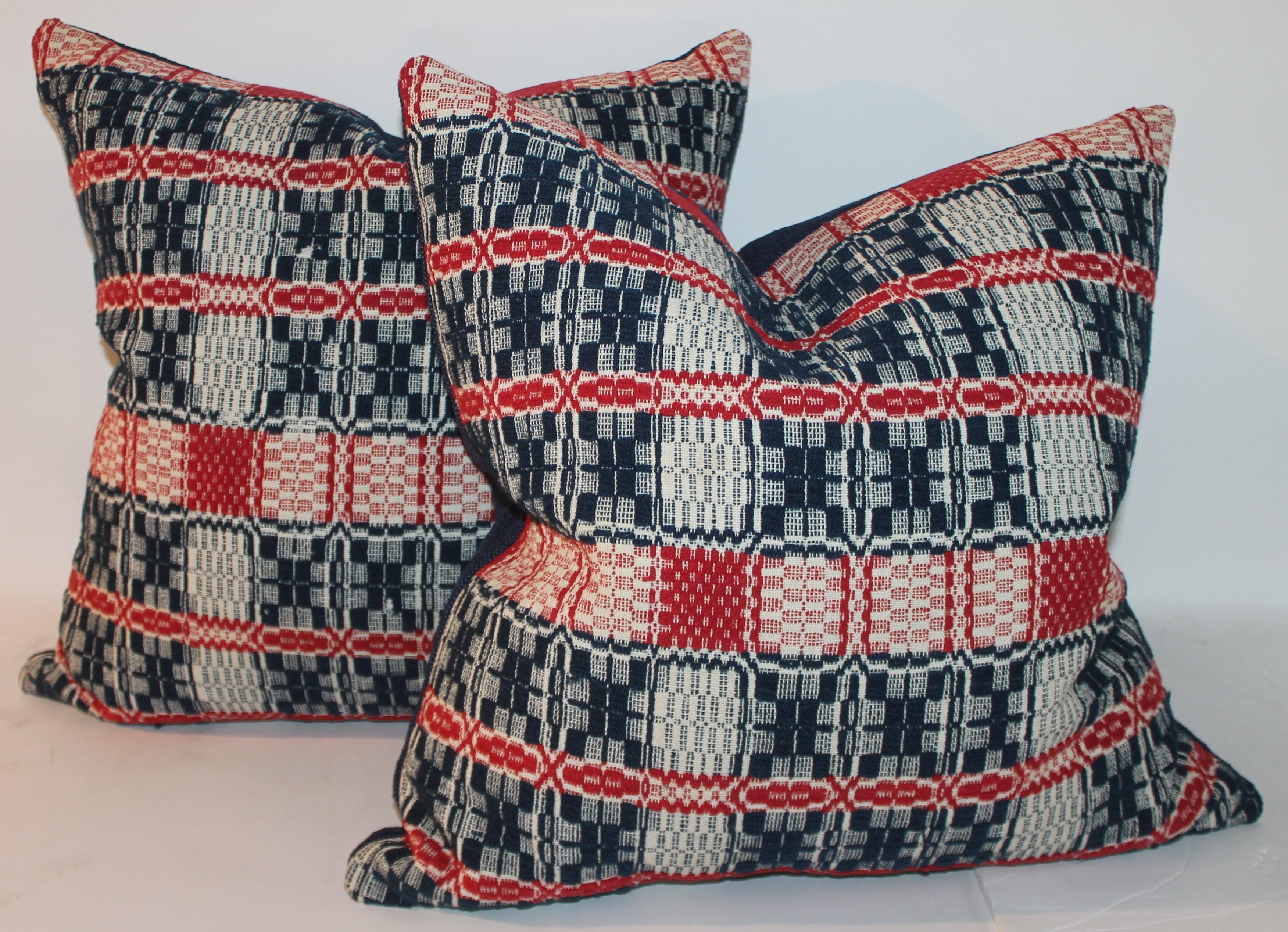 Folk Art Early 19thc Hand  Woven Red & Blue Coverlet Pillows-Set of Four For Sale