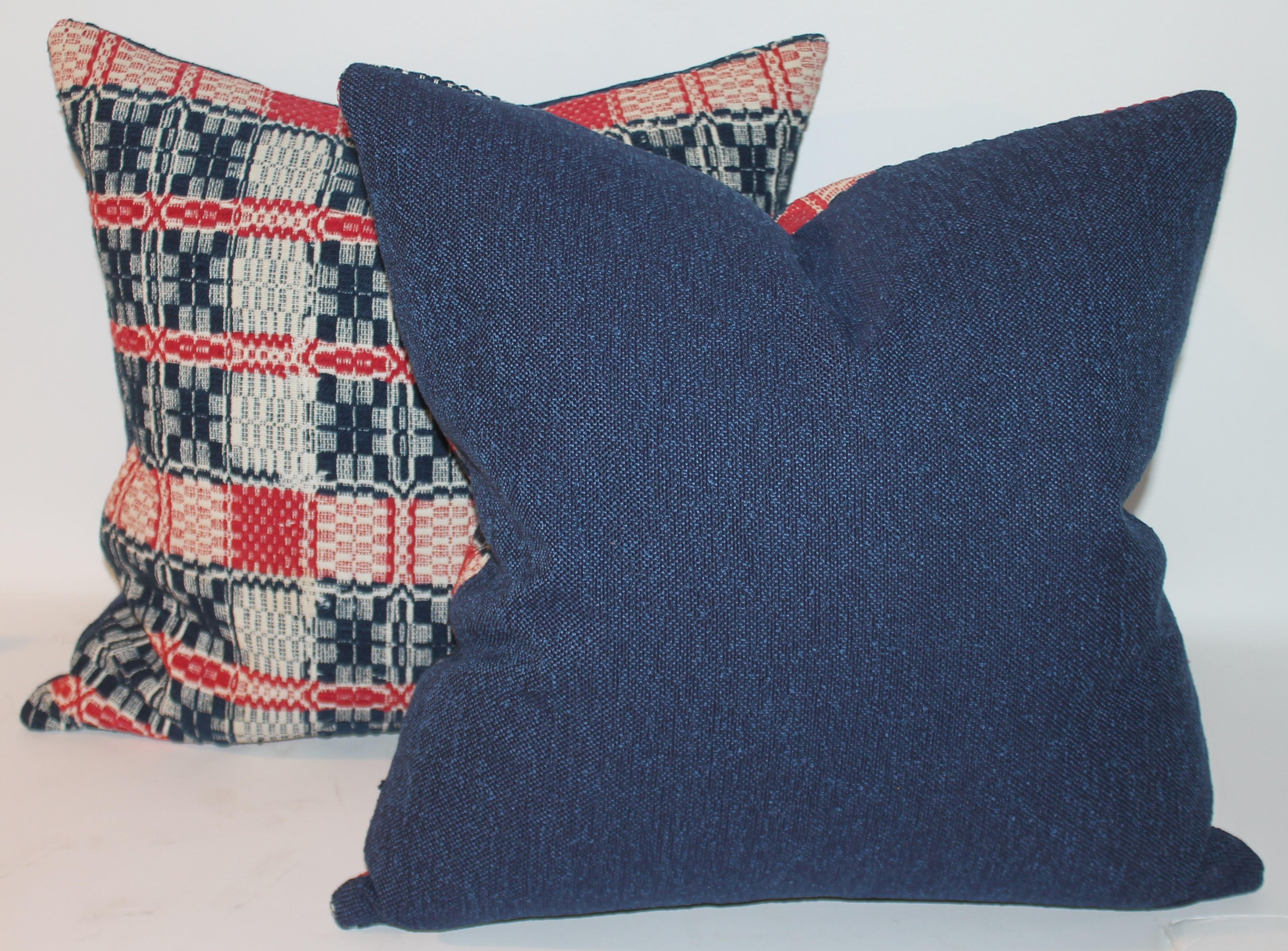 Hand-Woven Early 19thc Hand  Woven Red & Blue Coverlet Pillows-Set of Four For Sale