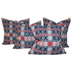 Antique Early 19thc Hand  Woven Red & Blue Coverlet Pillows-Set of Four