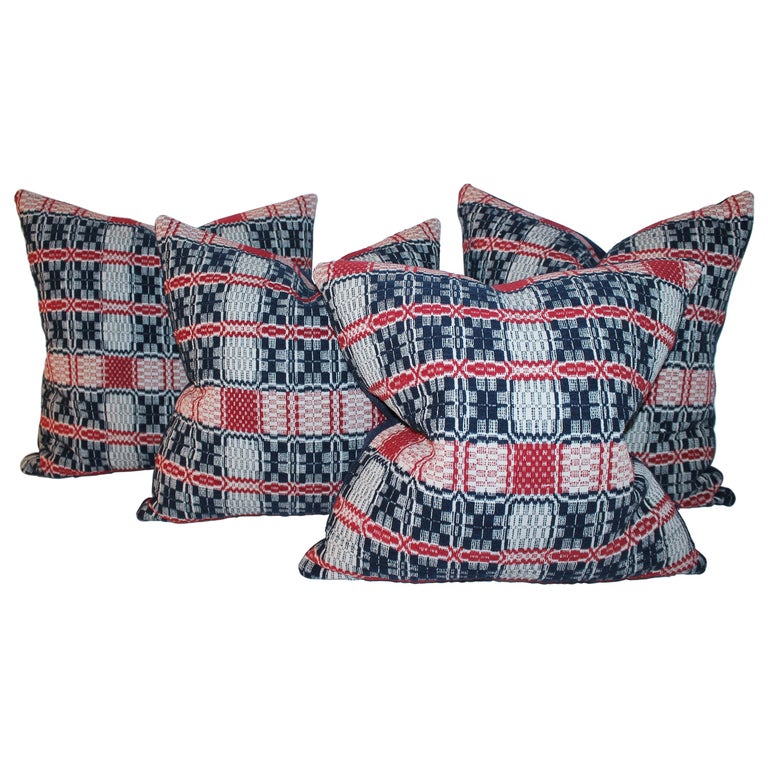 Early 19thc Hand Woven Red and Blue Coverlet PillowsSet of Four For