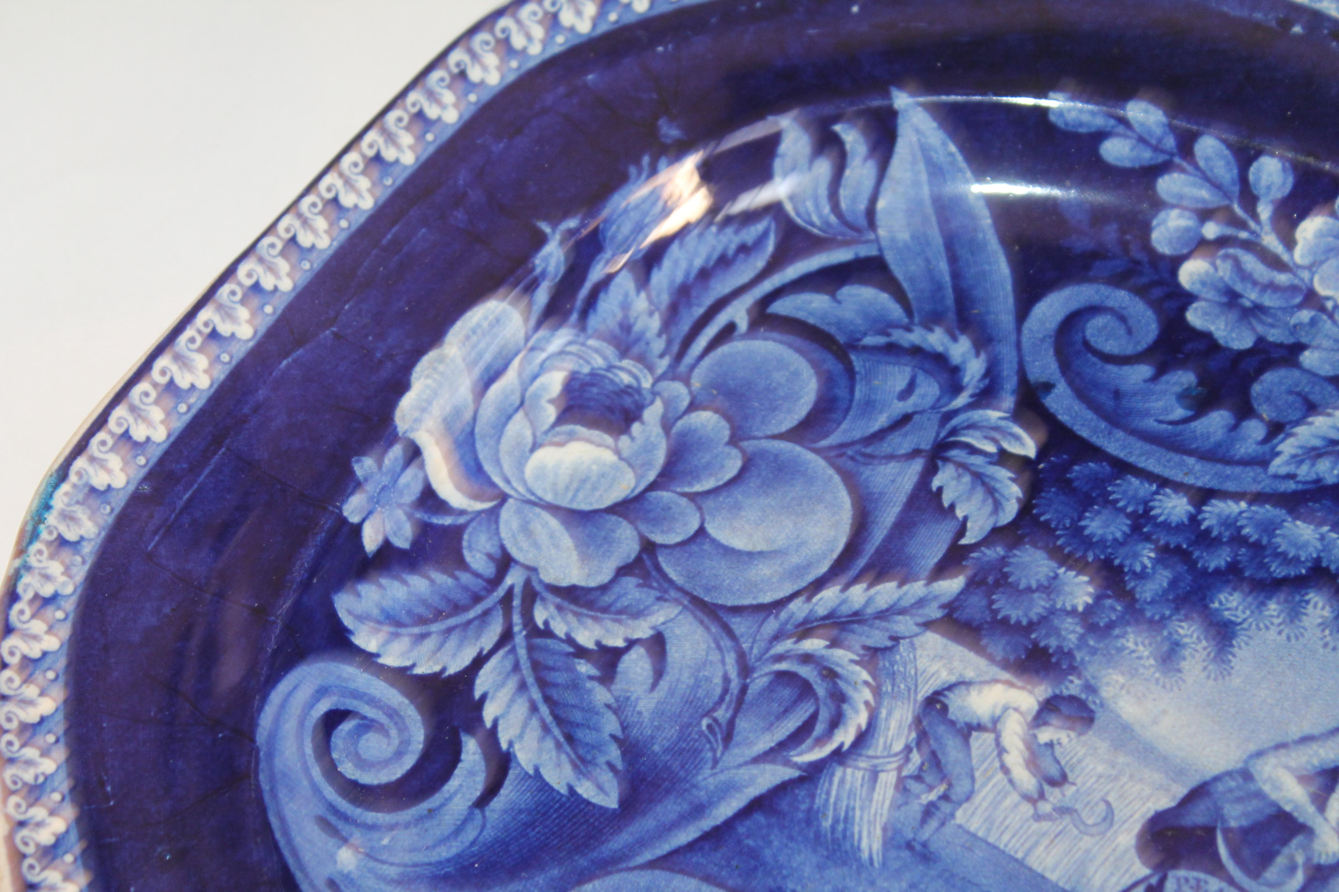 English Early 19th Century Historical Blue Pottery Platter