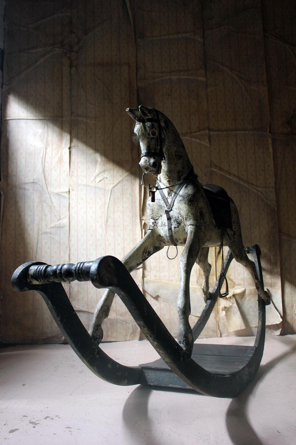 English Early 19th Century Large Dappled Grey Bow Rocking Horse, circa 1820-1830