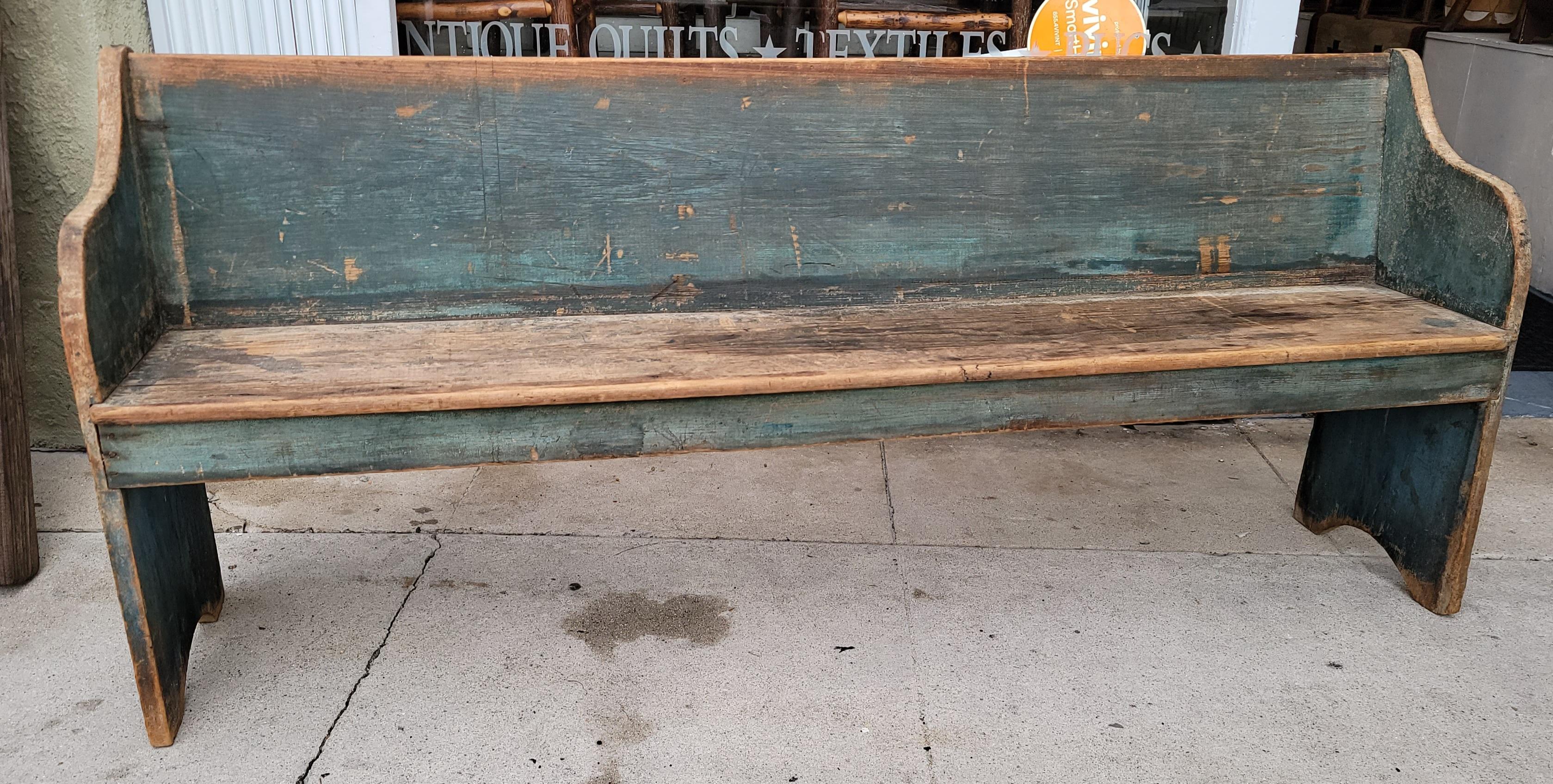 Country Early 19th C Original Blue Painted Bench
