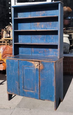 Early 19Thc Original Blue Painted Step Back Pewter Cupboard