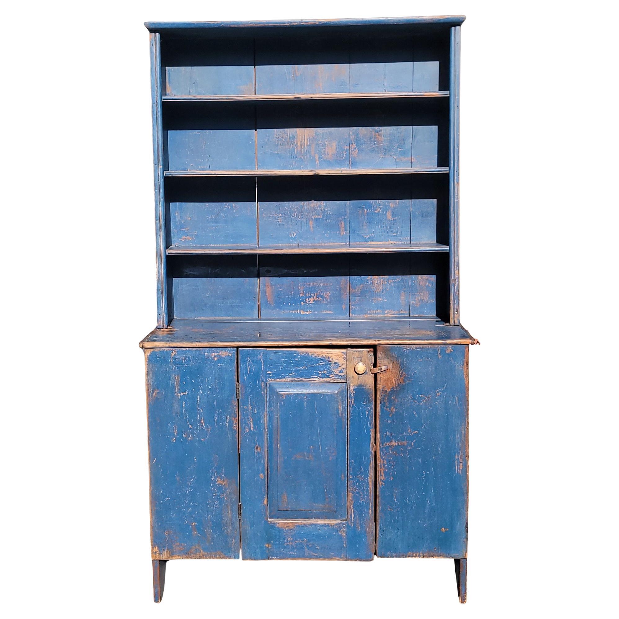 Early 19Thc Original Blue Painted Step Back Pewter Cupboard