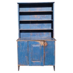 Early 19Thc Original Blue Painted Step Back Pewter Cupboard