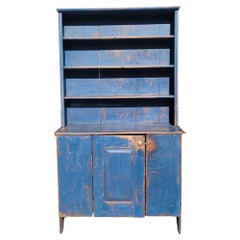 Antique Early 19Thc Original Blue Painted Step Back Pewter Cupboard