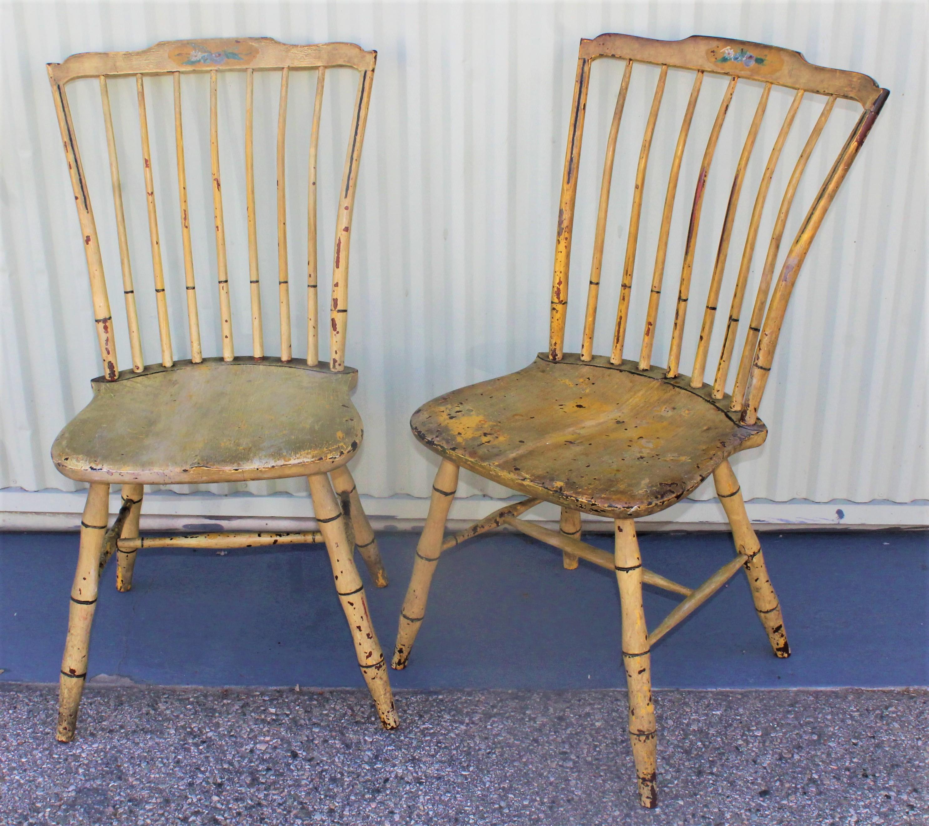 Country Early 19th Century Original Mustard Painted Step Down Windsor Chairs
