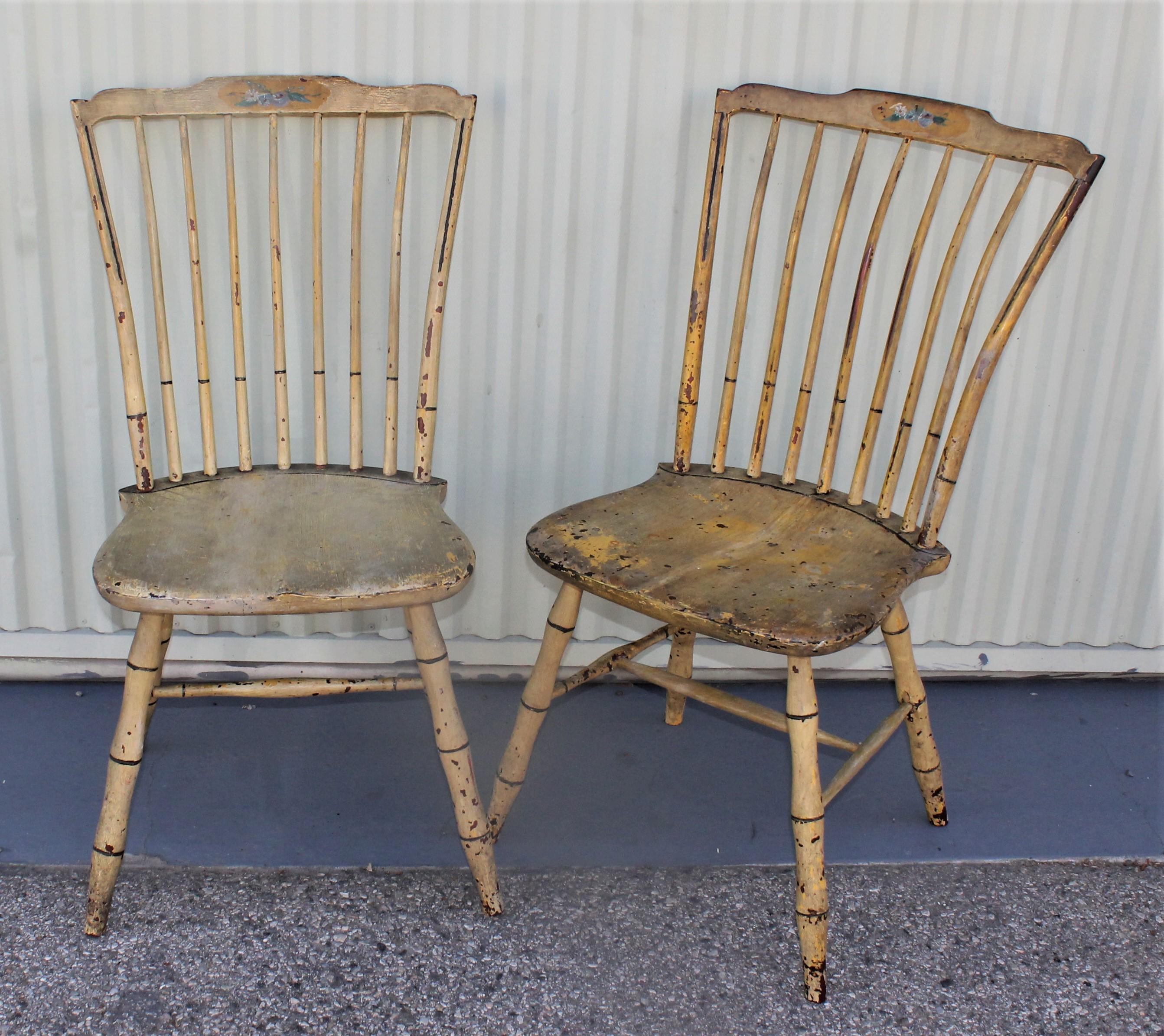 American Early 19th Century Original Mustard Painted Step Down Windsor Chairs