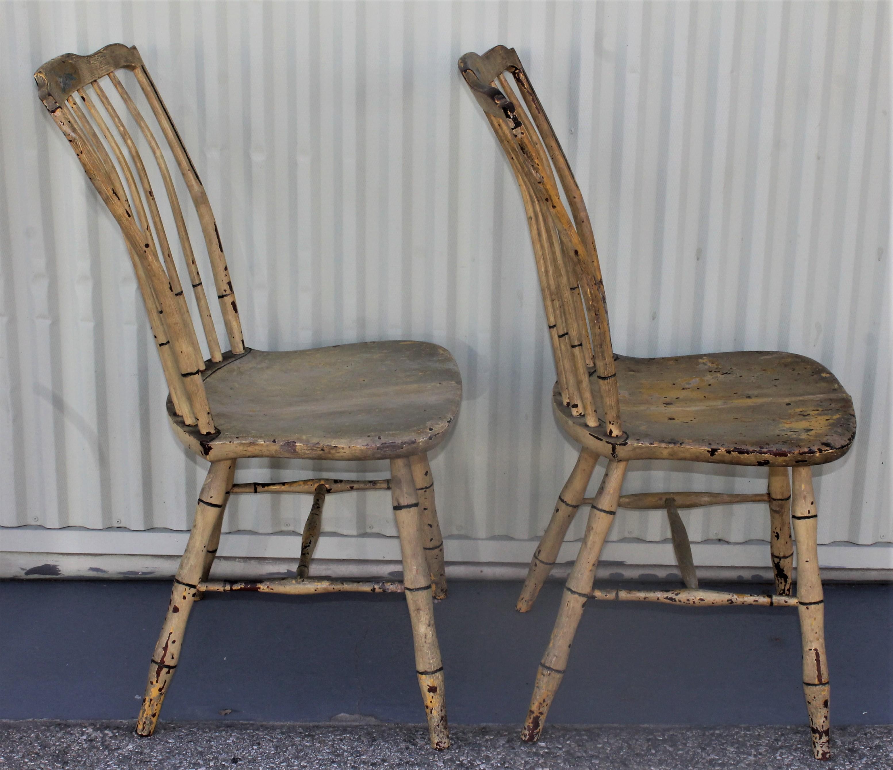 Hand-Crafted Early 19th Century Original Mustard Painted Step Down Windsor Chairs