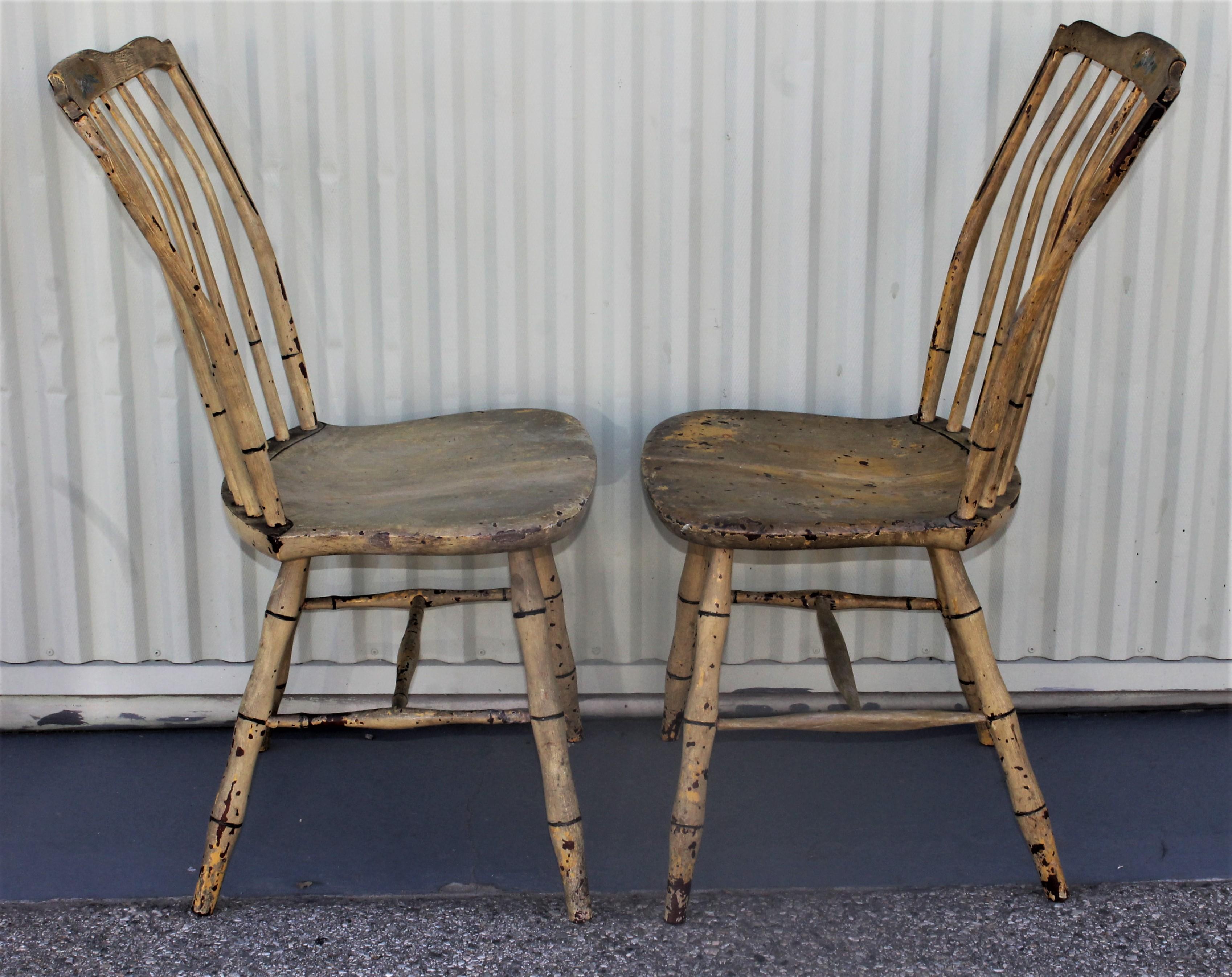 Pine Early 19th Century Original Mustard Painted Step Down Windsor Chairs