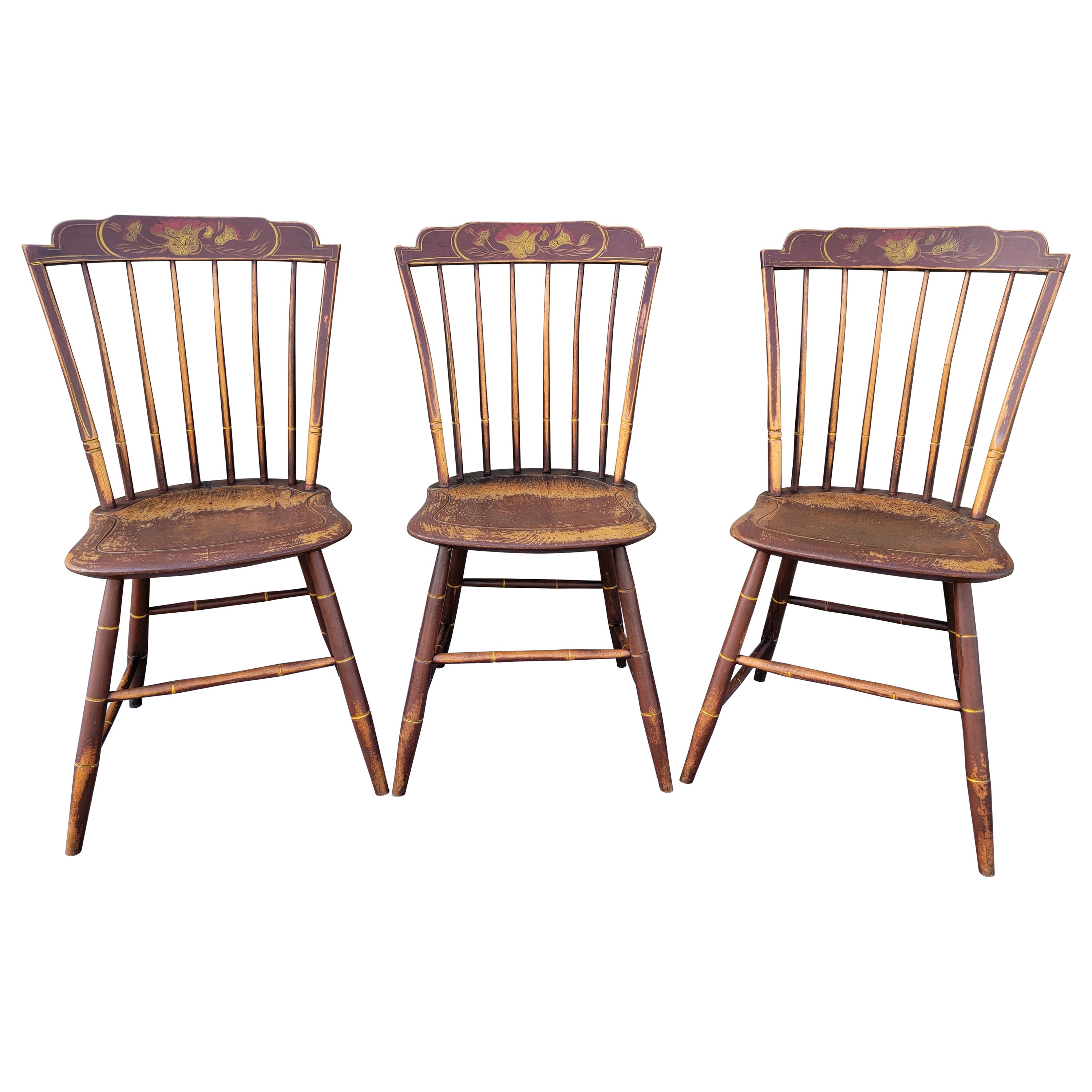 Début 19ème Chaises Windsor originales décorées à la peinture