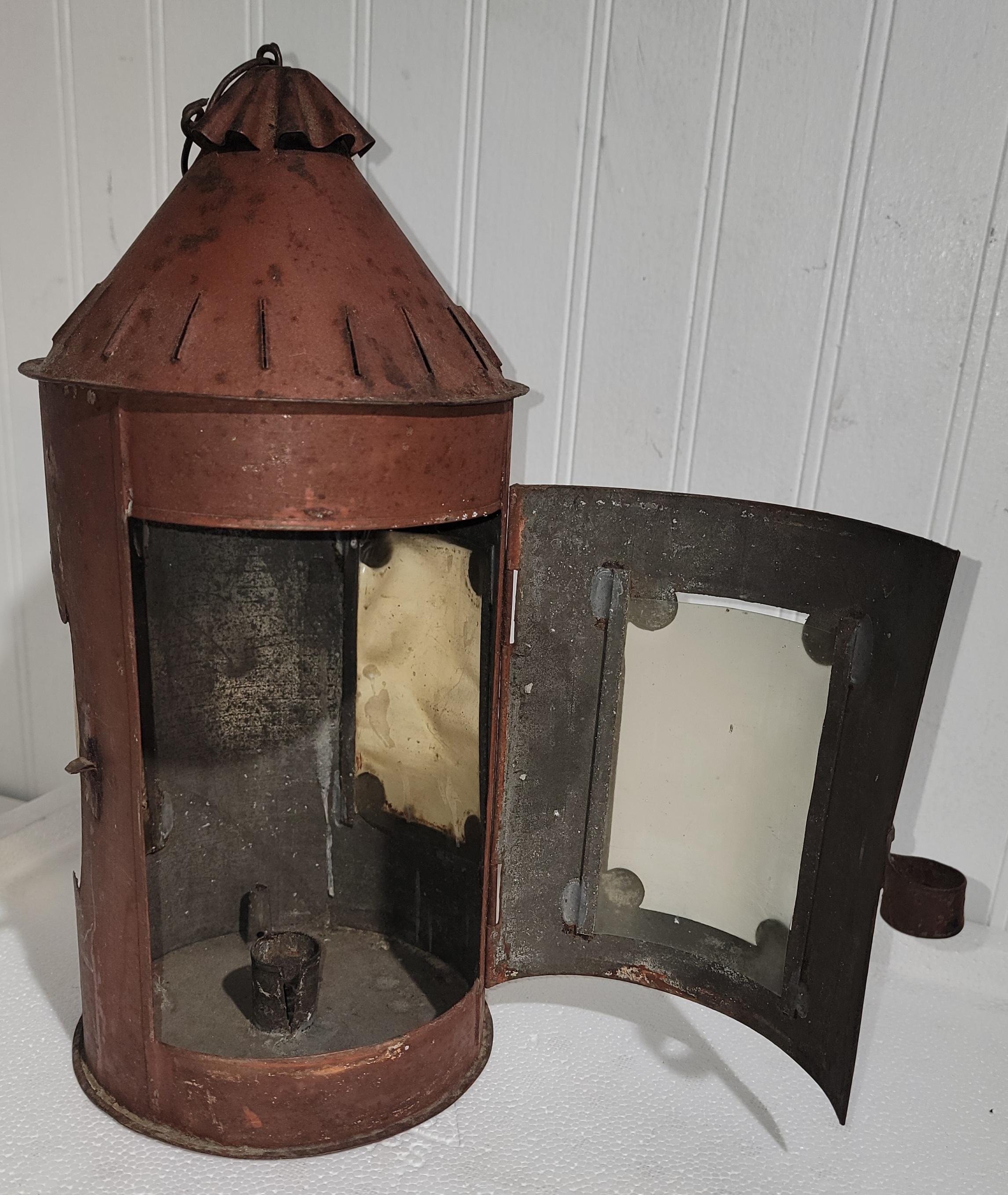 Adirondack Early 19Thc Original Red Painted Punched Tin Lantern For Sale