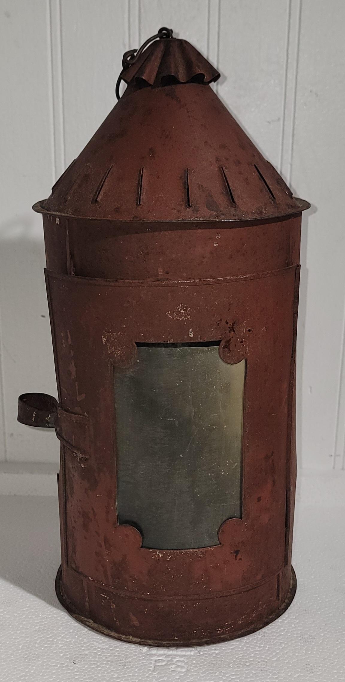 American Early 19Thc Original Red Painted Punched Tin Lantern For Sale