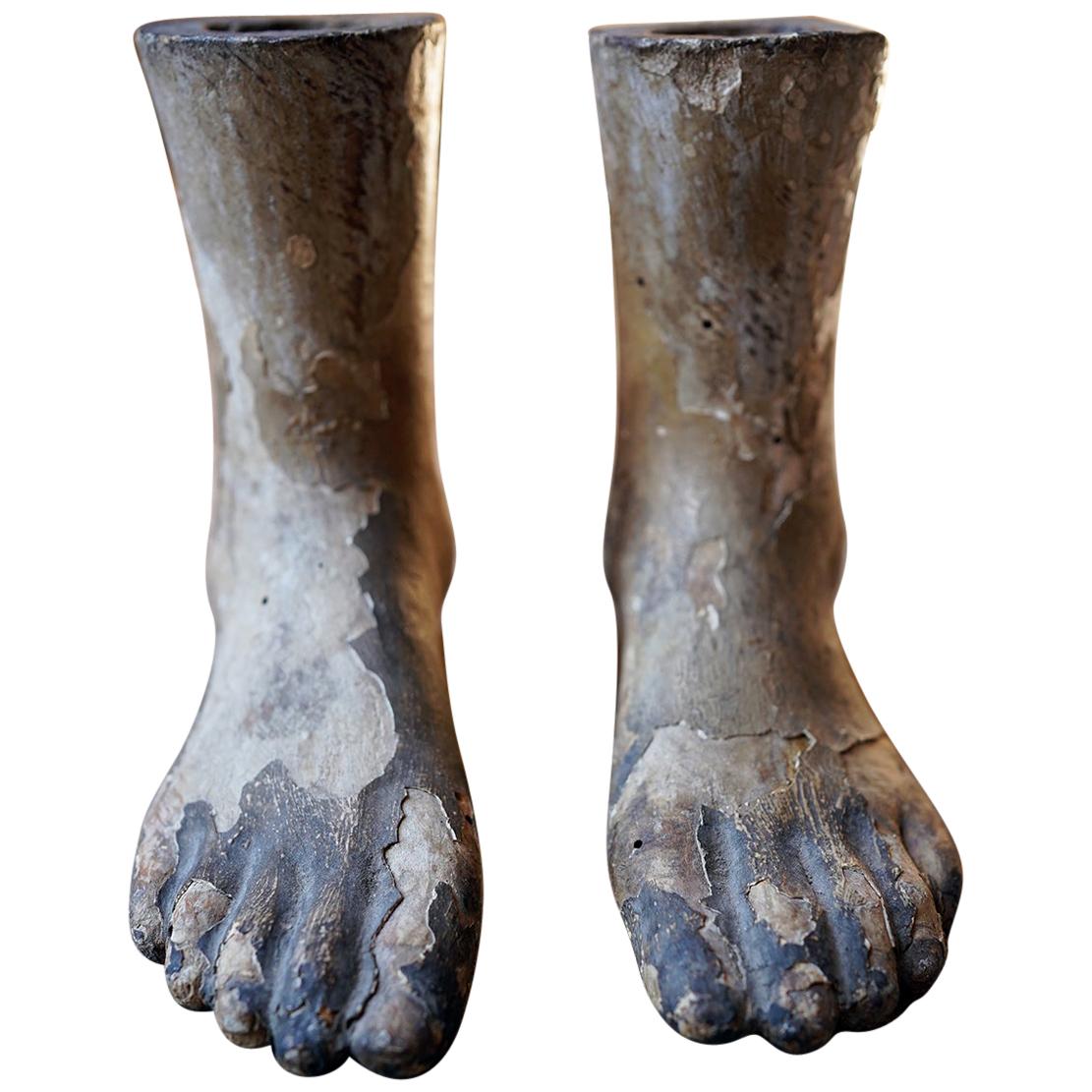 Early 19thC Pair of Carved Pine & Painted Gesso Mannequin Feet