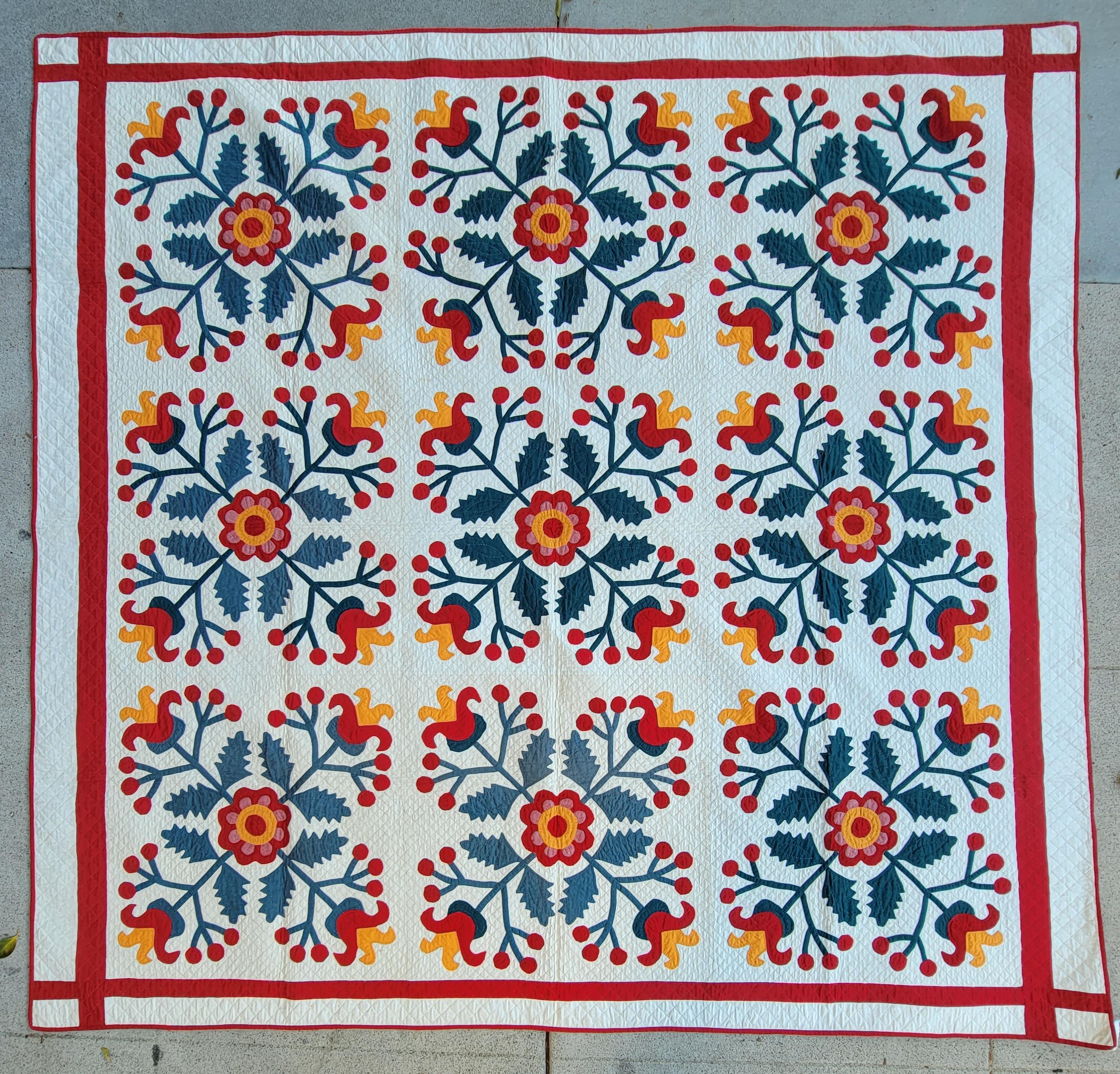This fine folky tulip Dutchy applique quilt is in pristine condition and was found 
in Pennsylvania. This quilt comes from a private collection in Lewisburg,Pennsylvania. The most unusual form and pattern.