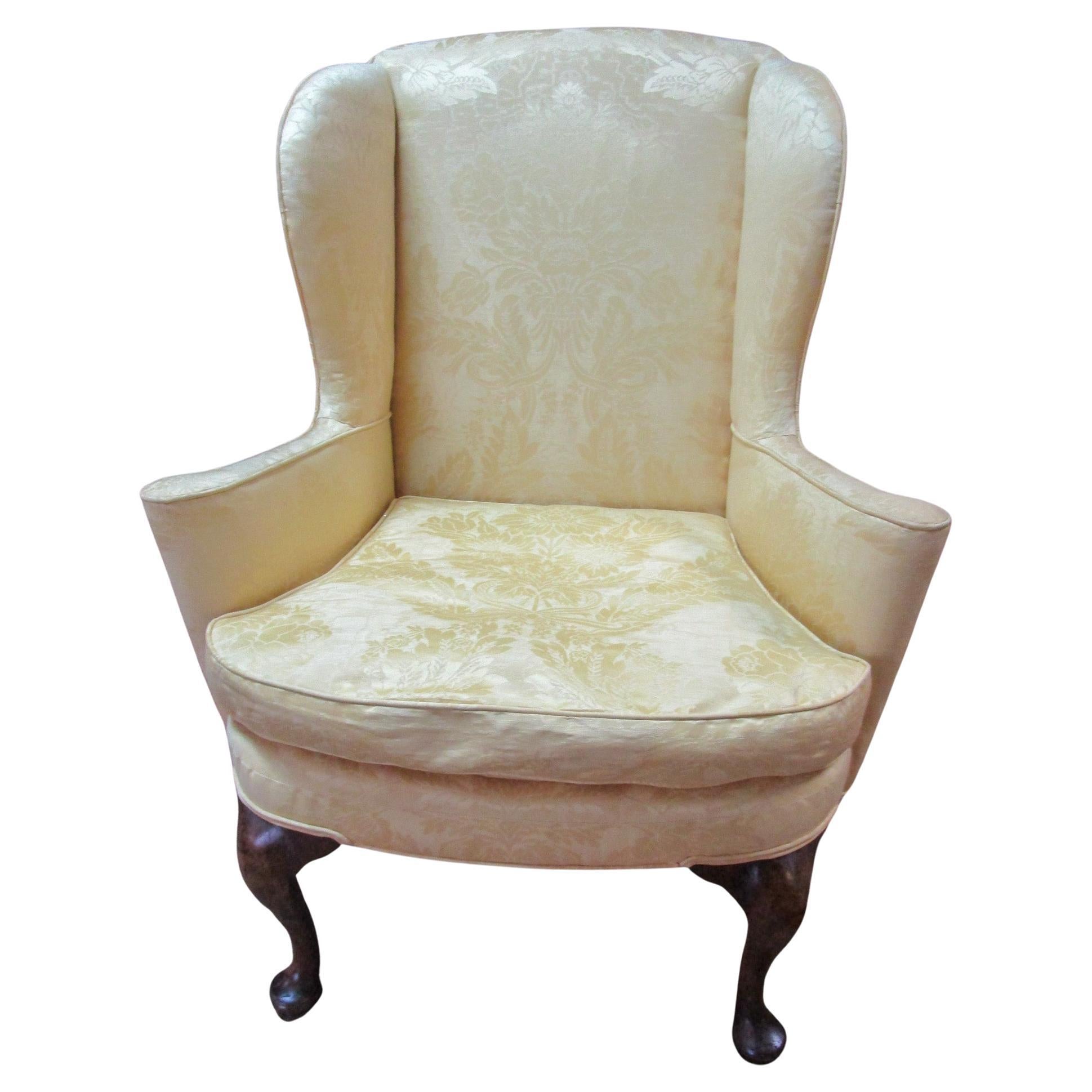 Early 19thc Queen Anne Walnut English Wingback Chair with Damask Upholstery  For Sale