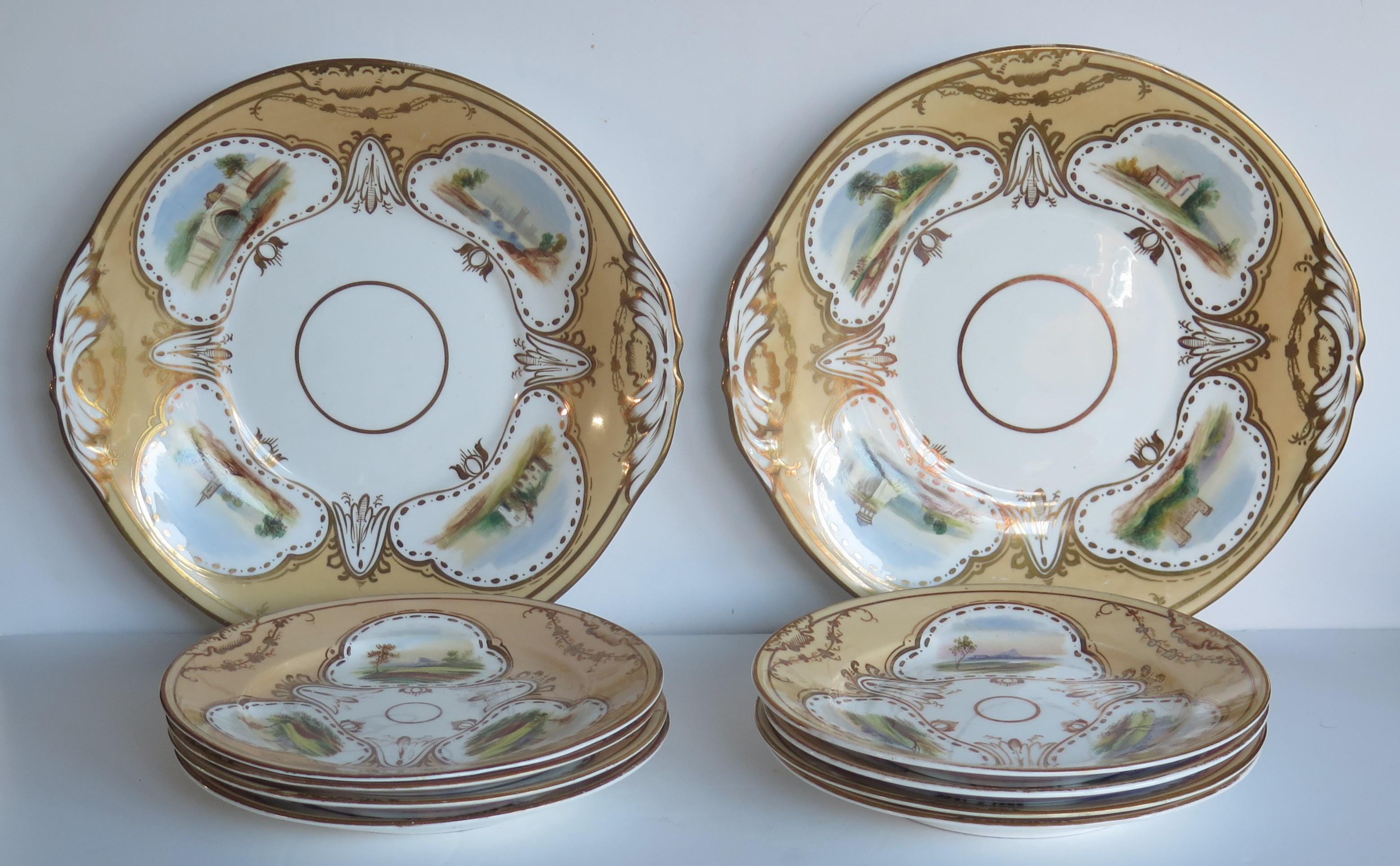 Regency Set of Ten Desert Plates by Rockingham porcelain Hand Painted Scenes, Circa 1825 For Sale
