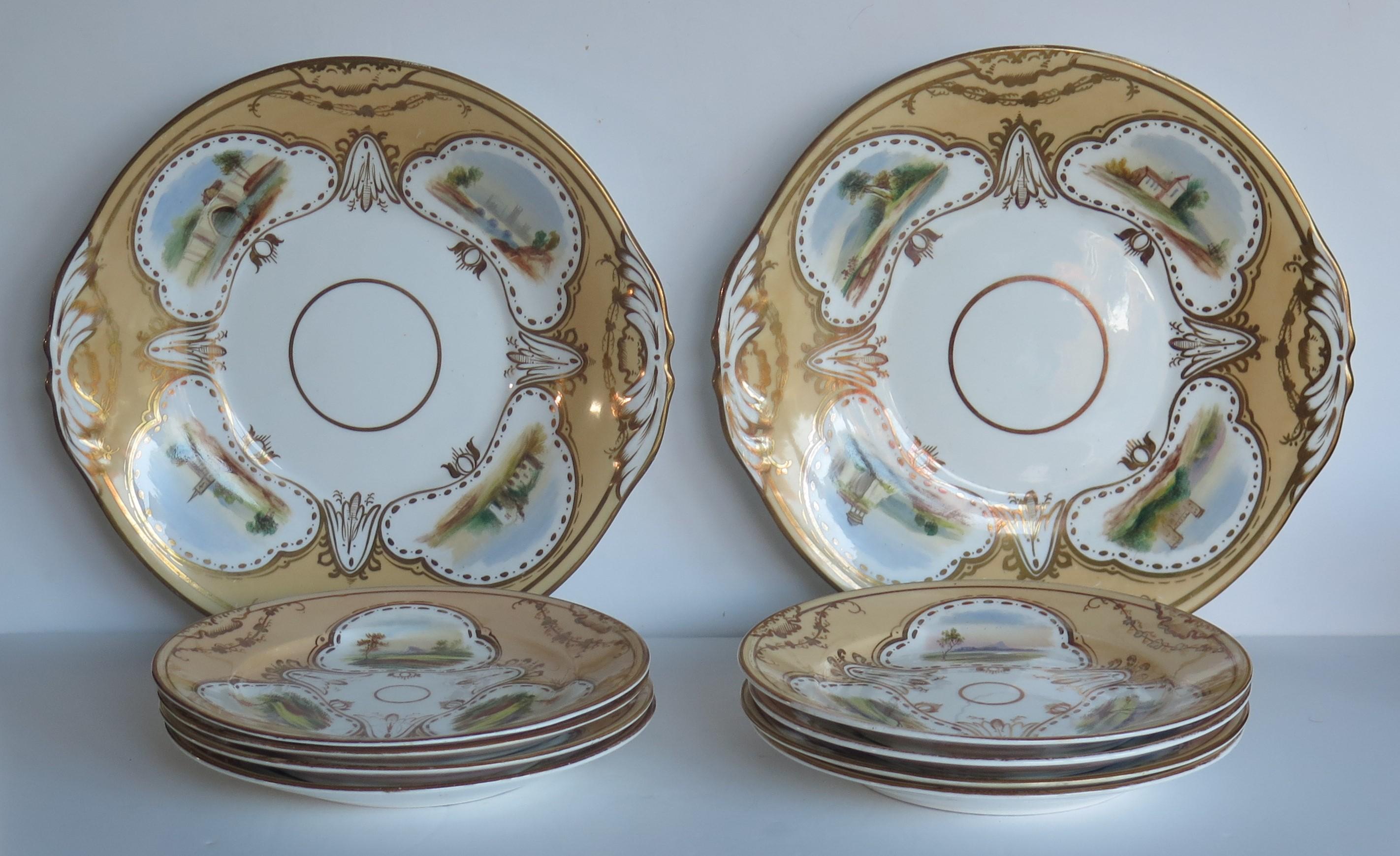 English Set of Ten Desert Plates by Rockingham porcelain Hand Painted Scenes, Circa 1825 For Sale