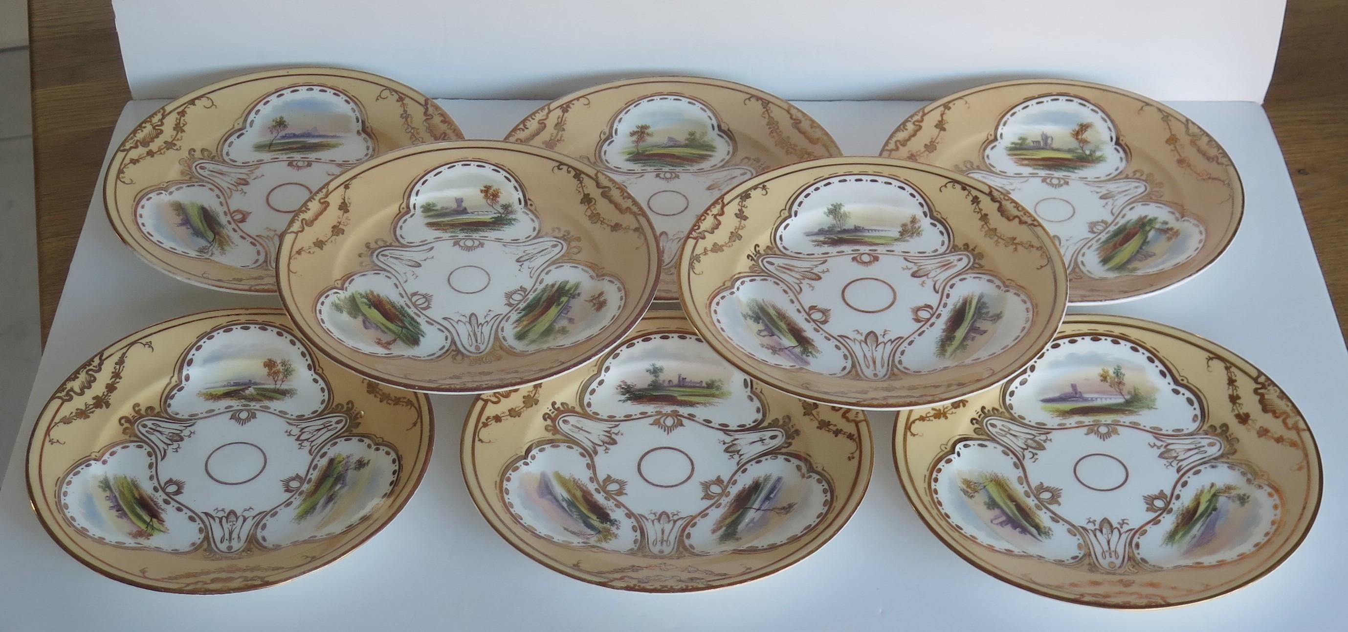 Hand-Painted Set of Ten Desert Plates by Rockingham porcelain Hand Painted Scenes, Circa 1825 For Sale