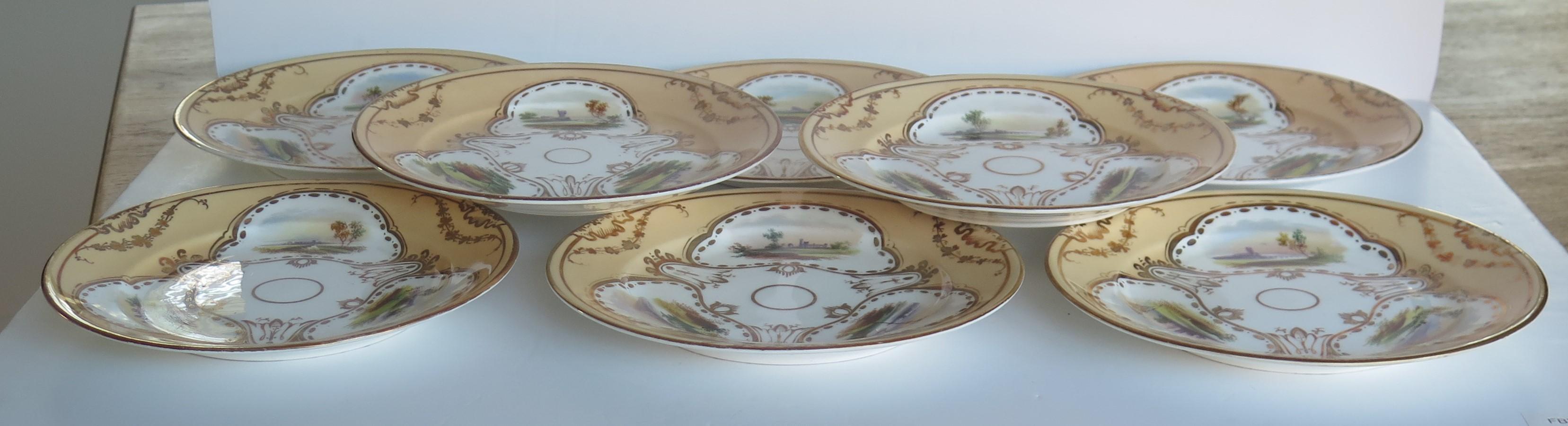 Porcelain Set of Ten Desert Plates by Rockingham porcelain Hand Painted Scenes, Circa 1825 For Sale