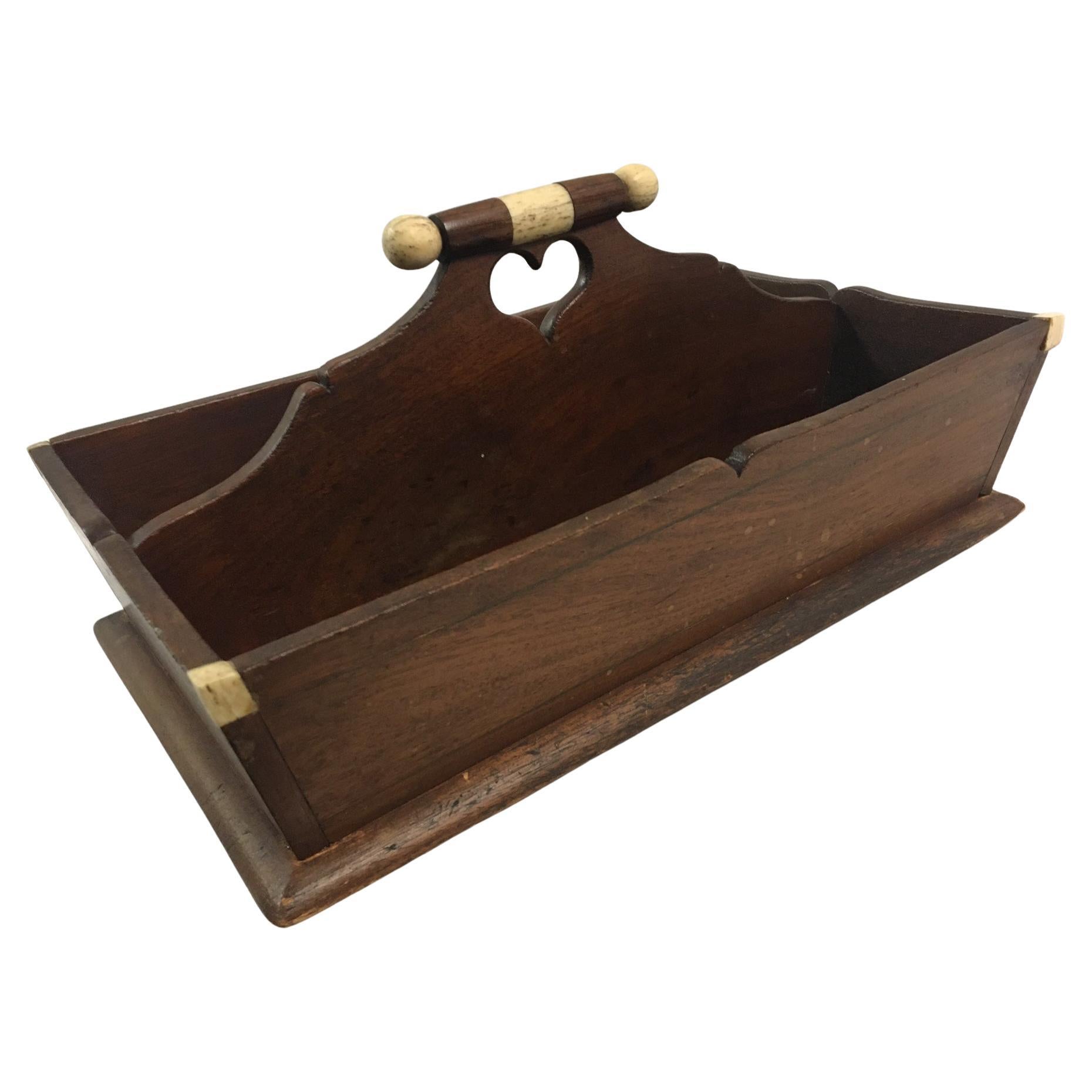 Early 19thc Scrimshaw and Walnut Hand Carved with Heart Cutlery Caddy