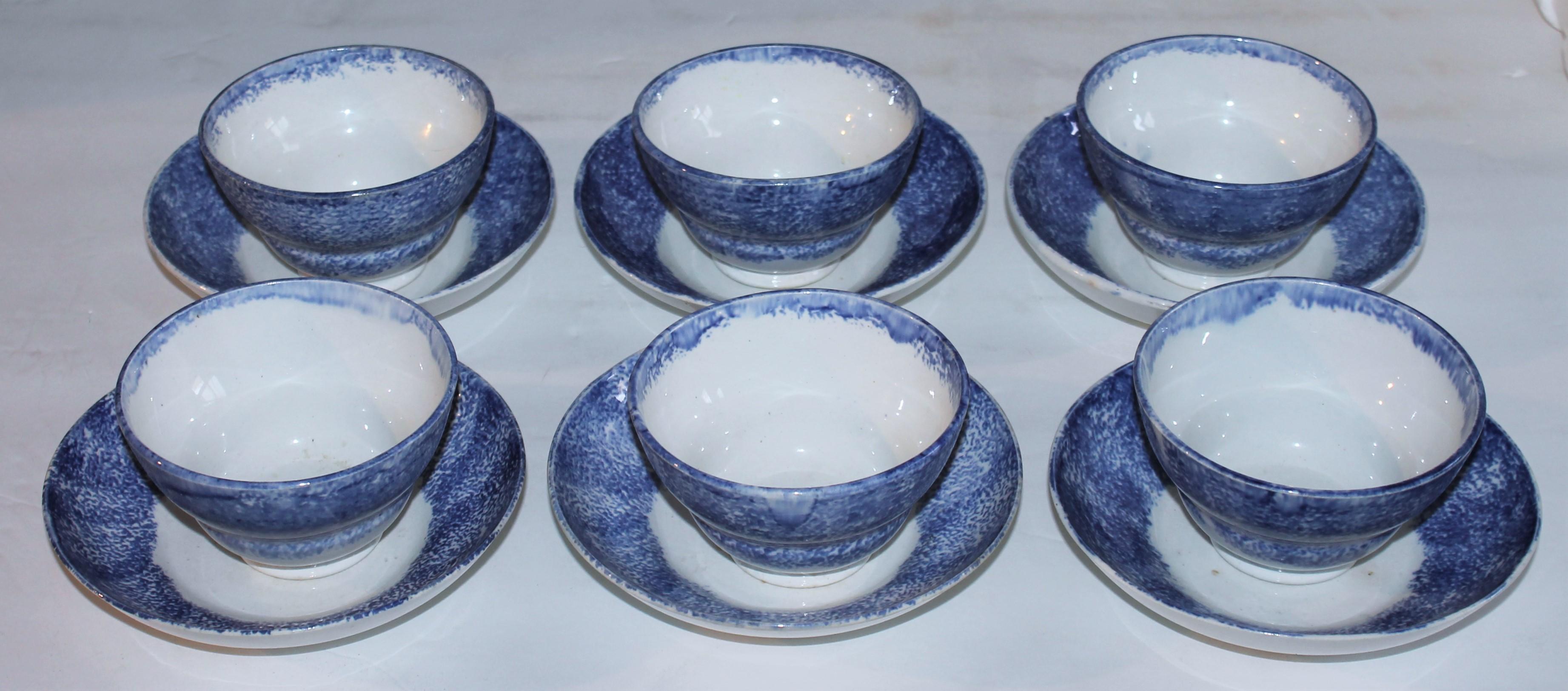 Country Early 19thc Spatter Ware Cups & Saucer Set / Set of Six For Sale