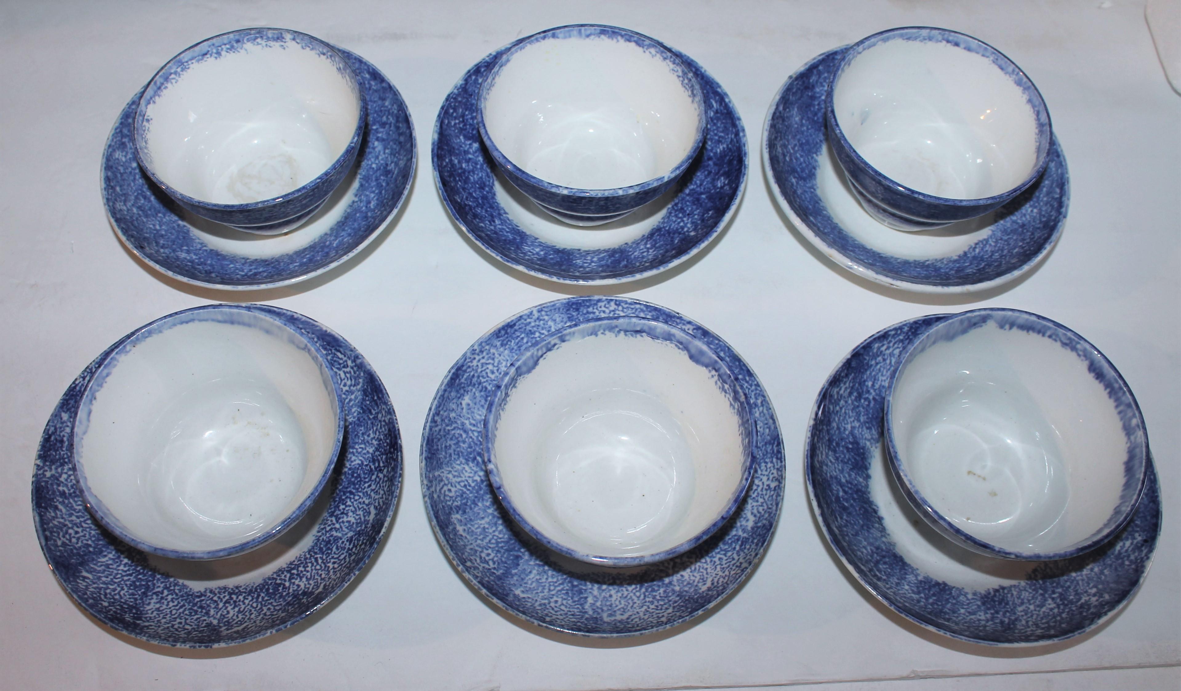 American Early 19thc Spatter Ware Cups & Saucer Set / Set of Six For Sale