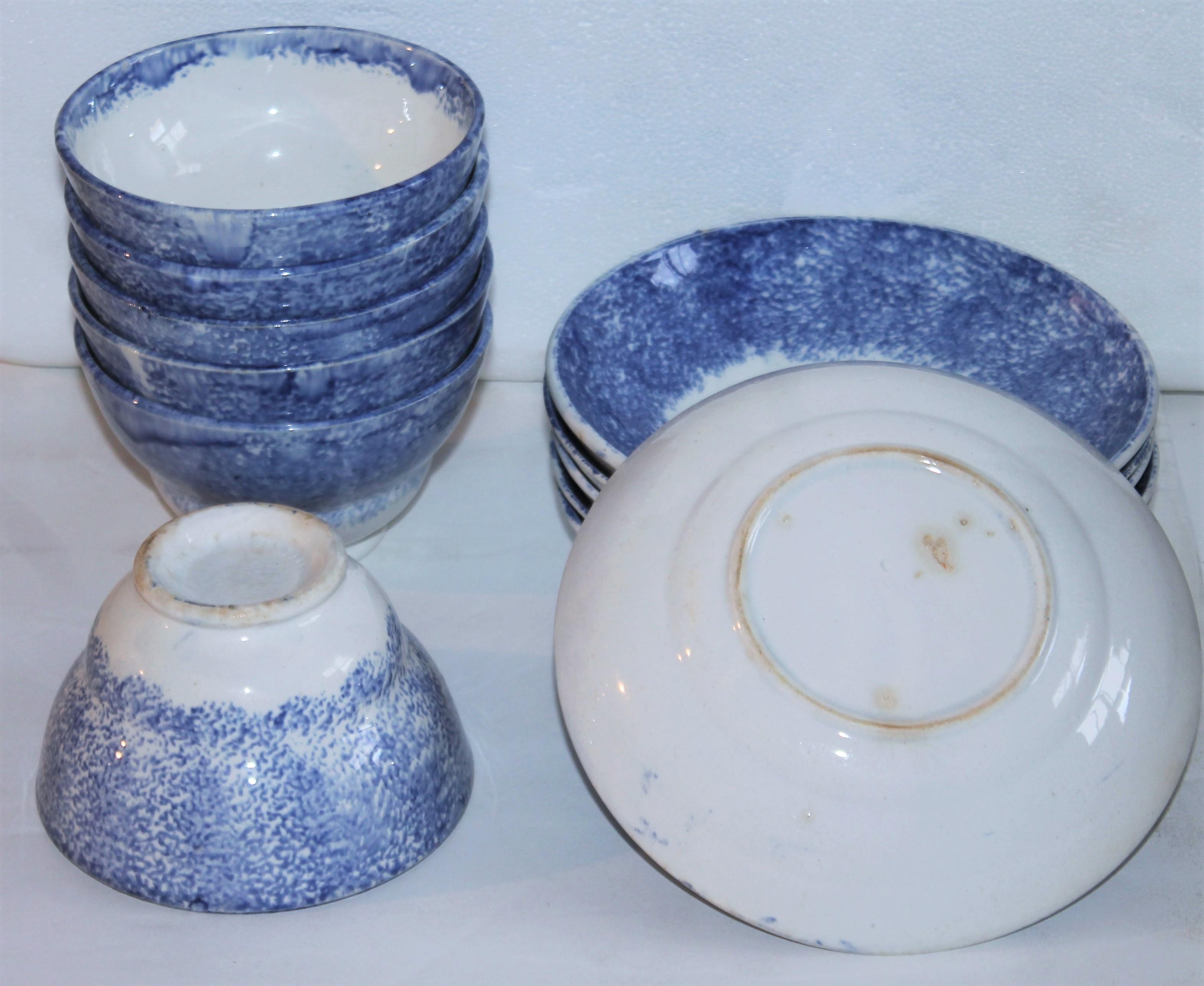 Pottery Early 19thc Spatter Ware Cups & Saucer Set / Set of Six For Sale