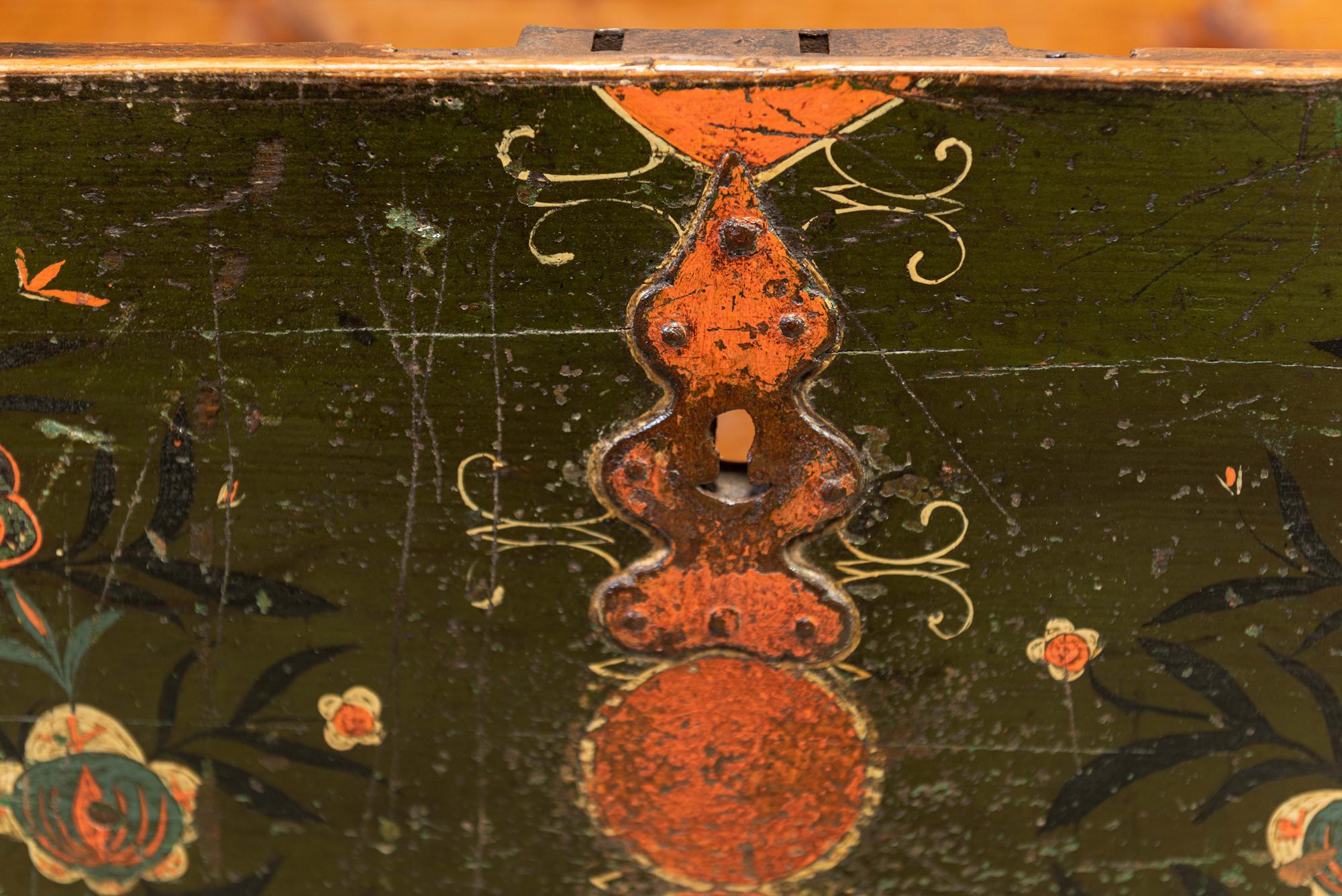 1815.

Early 19th century Swedish marriage chest with original hand painted decoration, hardware and hinged candle box.

Measures: W 156 x H 71 x D 57cm
Internal H 57 x D 52cm.