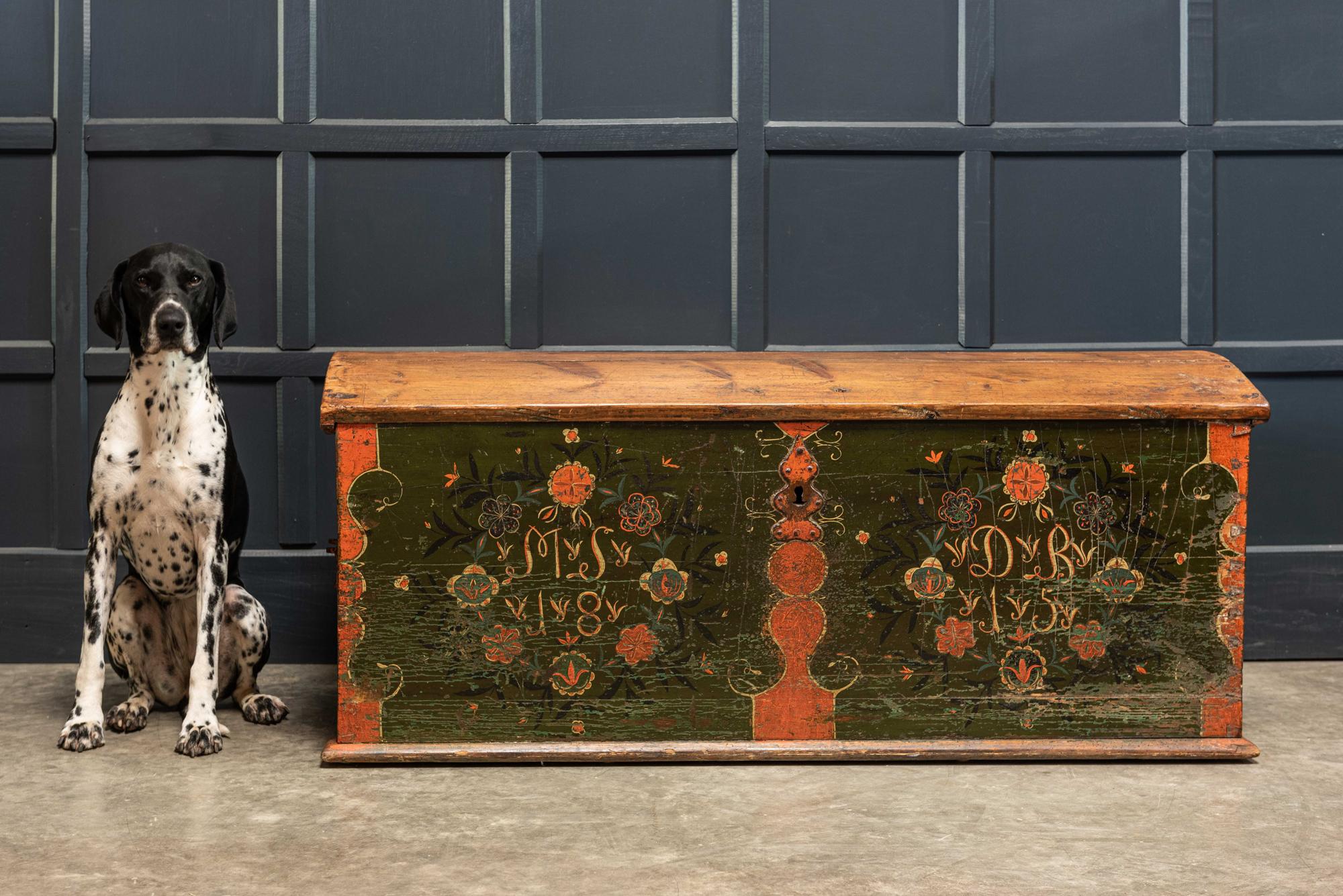 Hand-Painted Early 19th Century Swedish Marriage/Dowry Chest For Sale