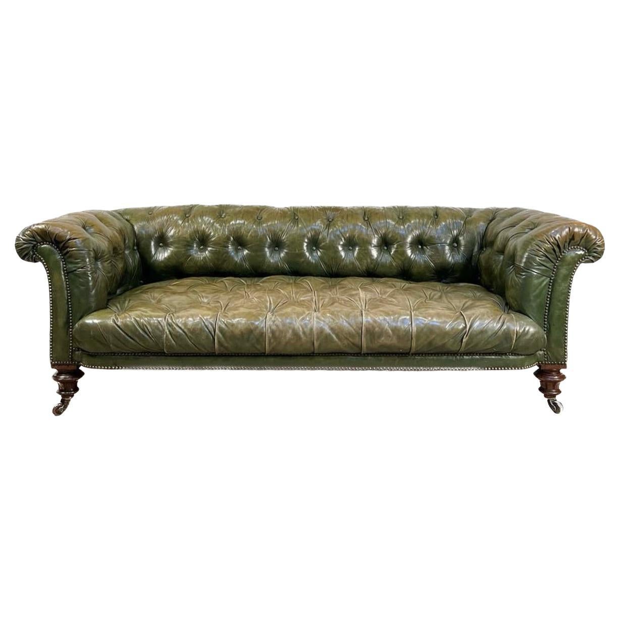 Early 19thC William IV Chesterfield Sofa in Beautiful Green Leathers For Sale