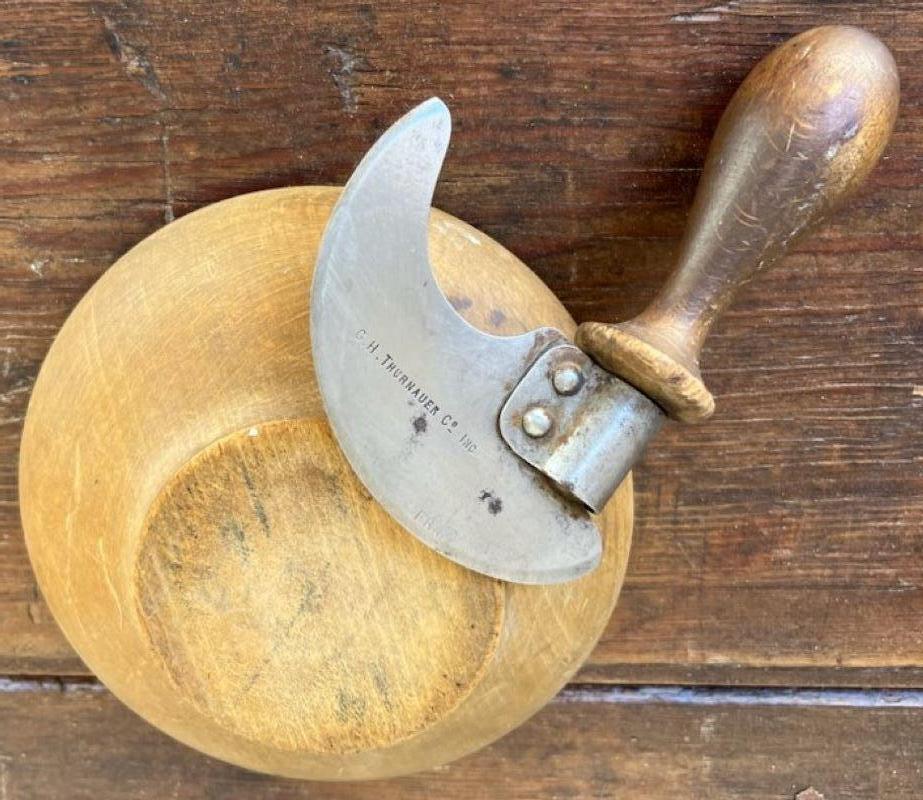 American Early 19thc Wood Bowl & Chopper Tool For Sale