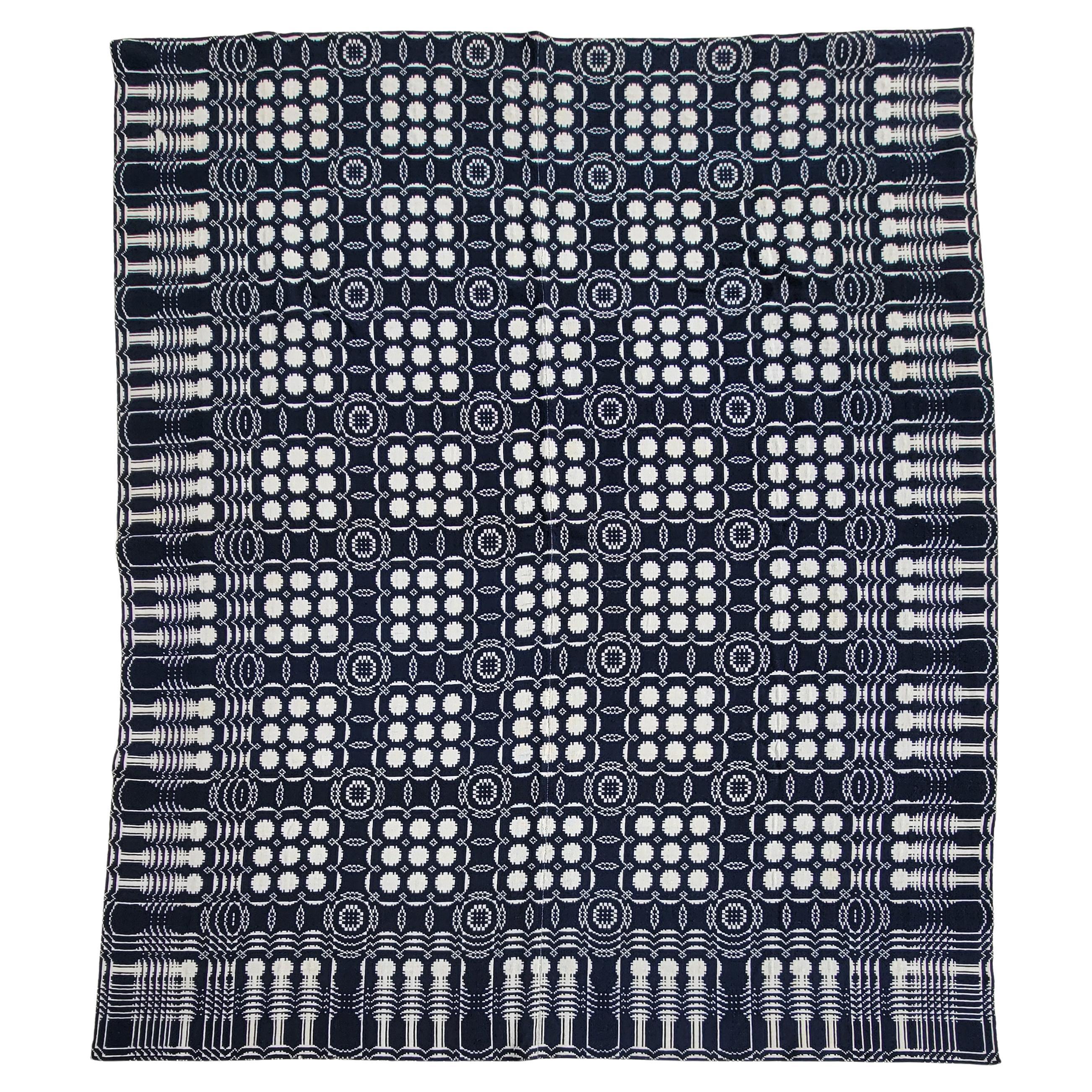 Début du 19ème siècle, couvre-lit double tissé en indigo et blanc
