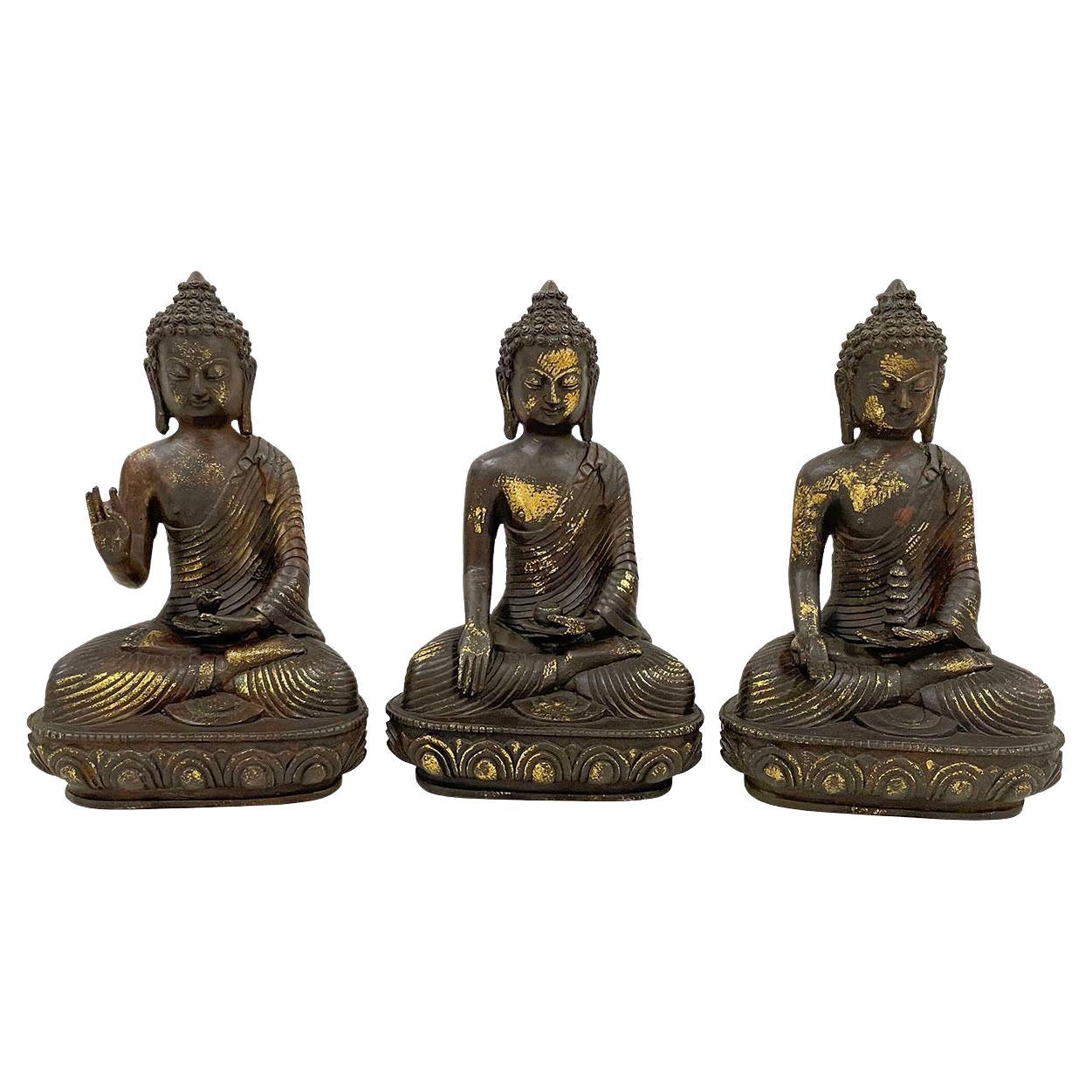 Early 20 Century Antique Carved Bronze 3 Generations of Buddha Statues For Sale