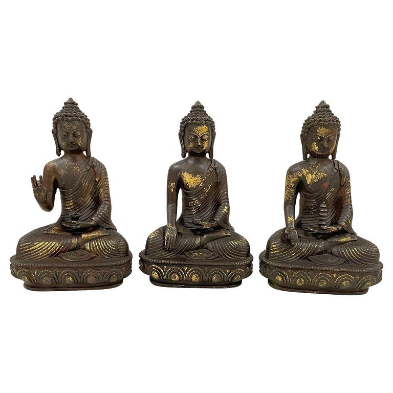 Early 20 Century Antique Carved Bronze 3 Generations of Buddha Statues