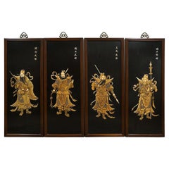 Plaques murales chinoises anciennes du début du 20e siècle en bois de rose avec incrustation de jade, lot de 4