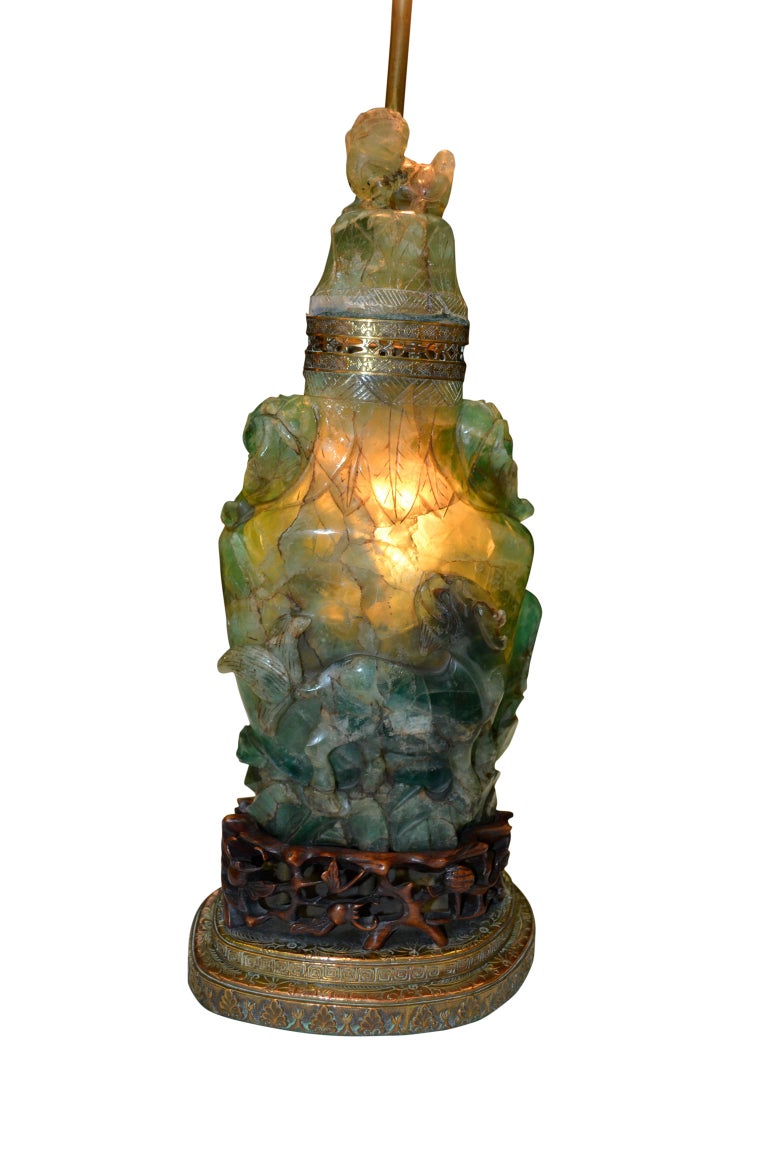 Early 20th Century Chinese Carved Green Jadeite Quartz Lamp For Sale at 1stDibs