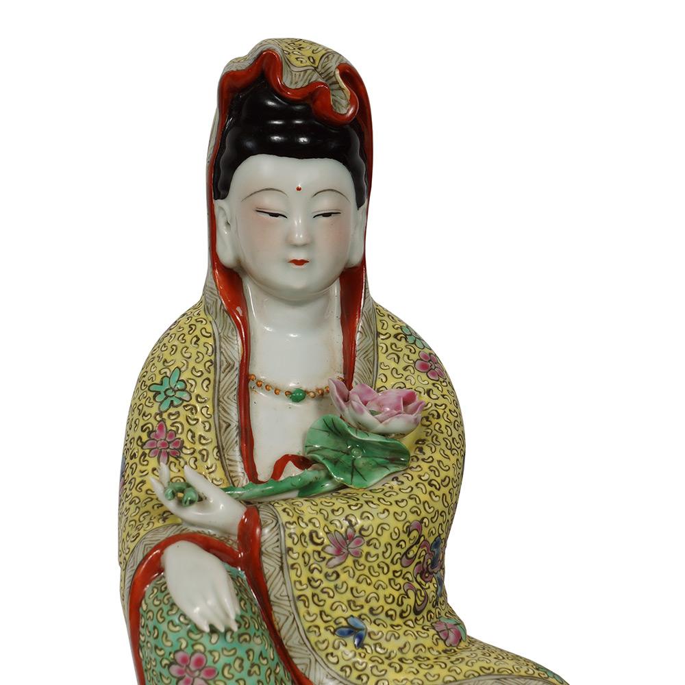 Look at this magnificent Chinese Antique Famille-Rose Porcelain Kwan Yin Statuary. It shows very detailed hand carving works on it. It is all hand made and handcraft seating Kwan Yin. You can see from the pictures that they are in many years history