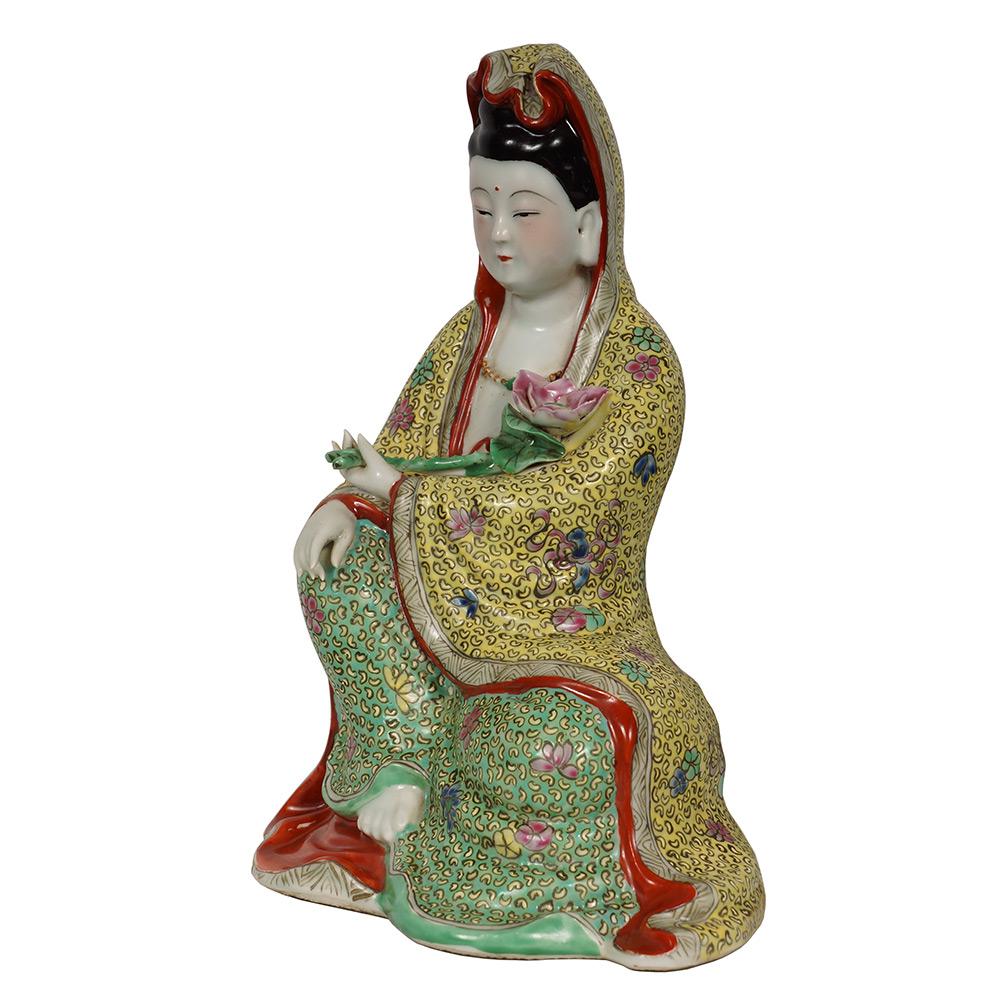 Carved Early 20 Century Chinese Famille-Rose Porcelain Kwan Yin Statuary