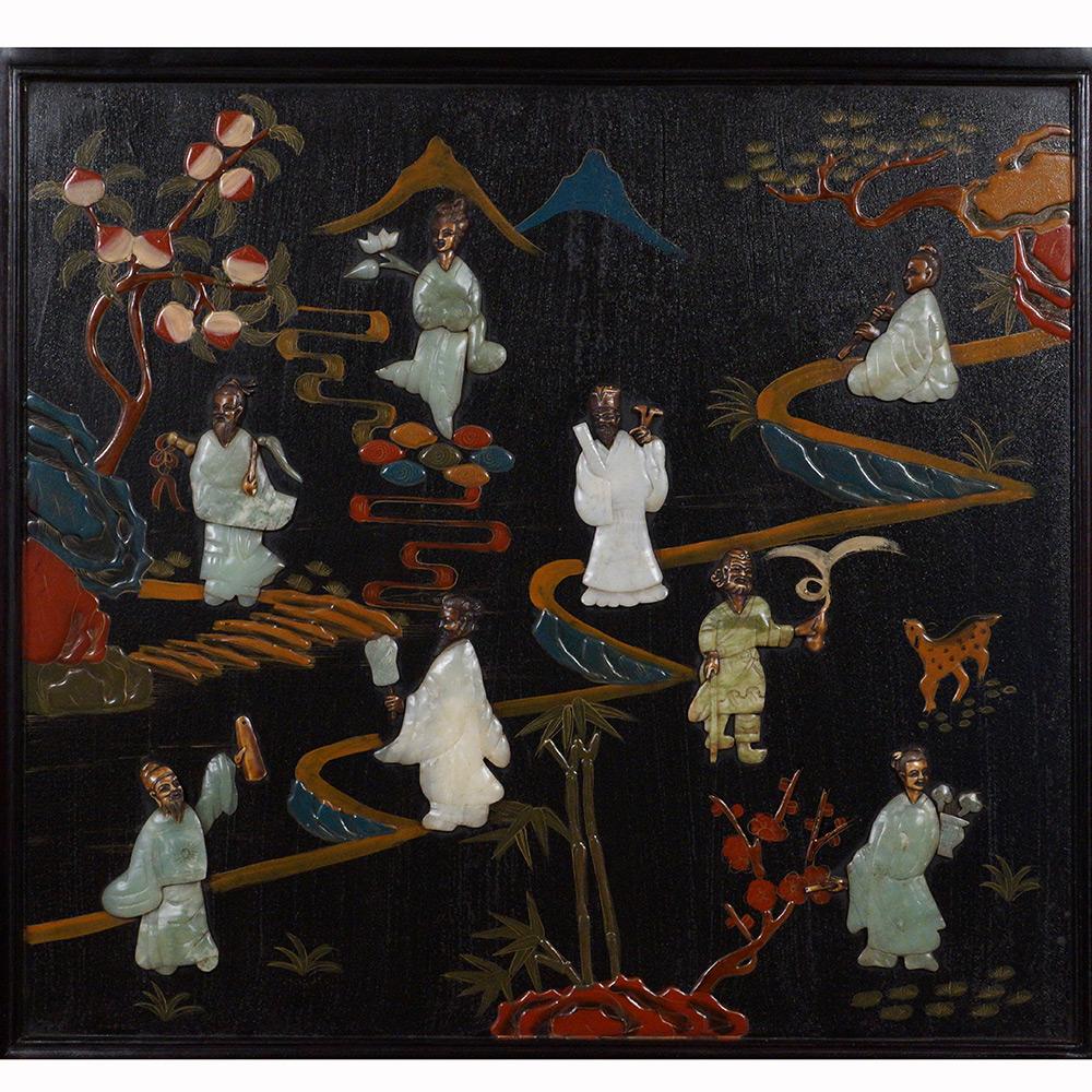 Early 20 Century Chinese Rosewood Panels, Wall Hanging with Jade Inlay Picture For Sale 2