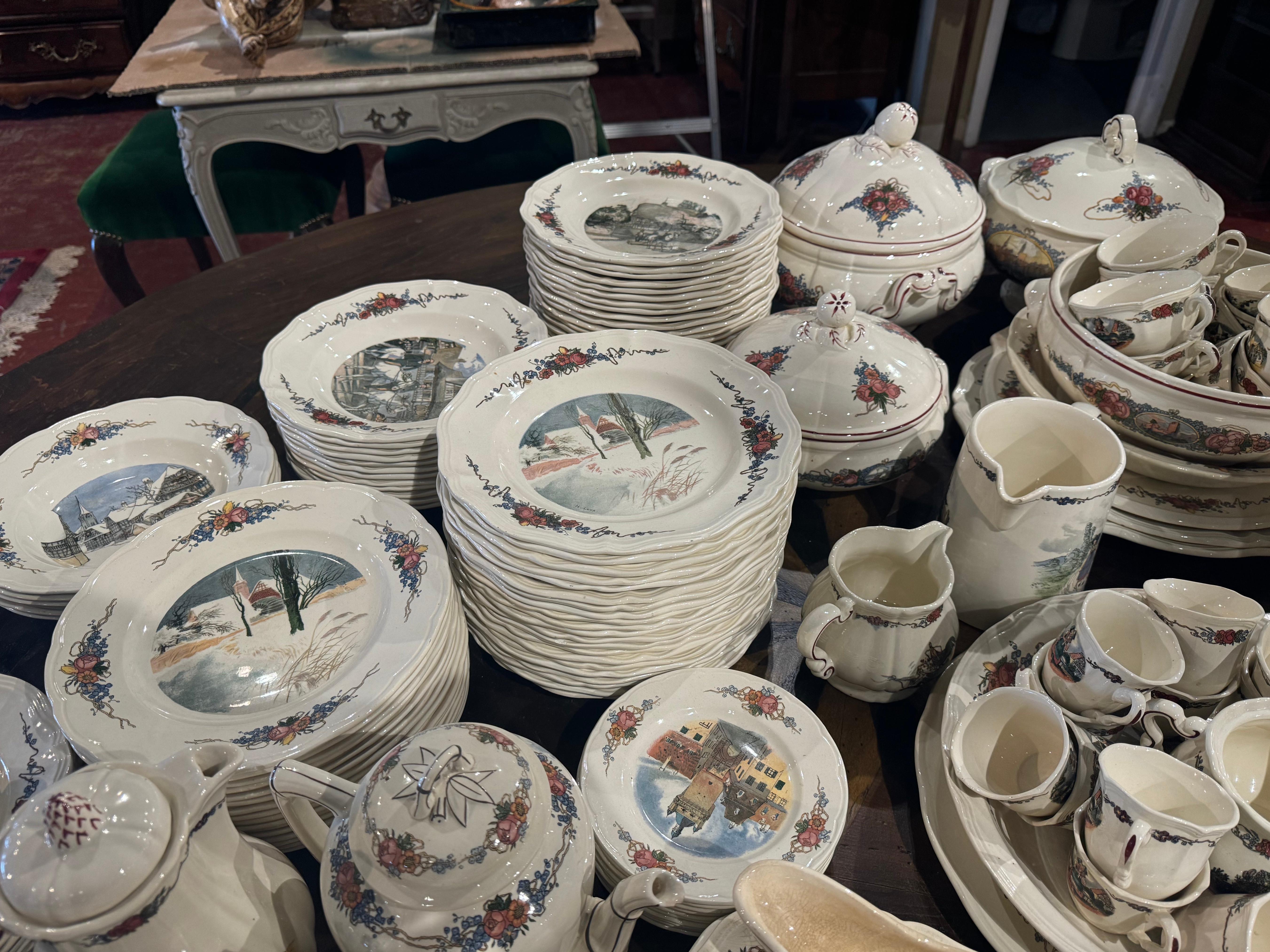 Hand-Painted Early 20 Century French Porcelain Dinnerware, About 208 Pieces Signed H. Loux For Sale