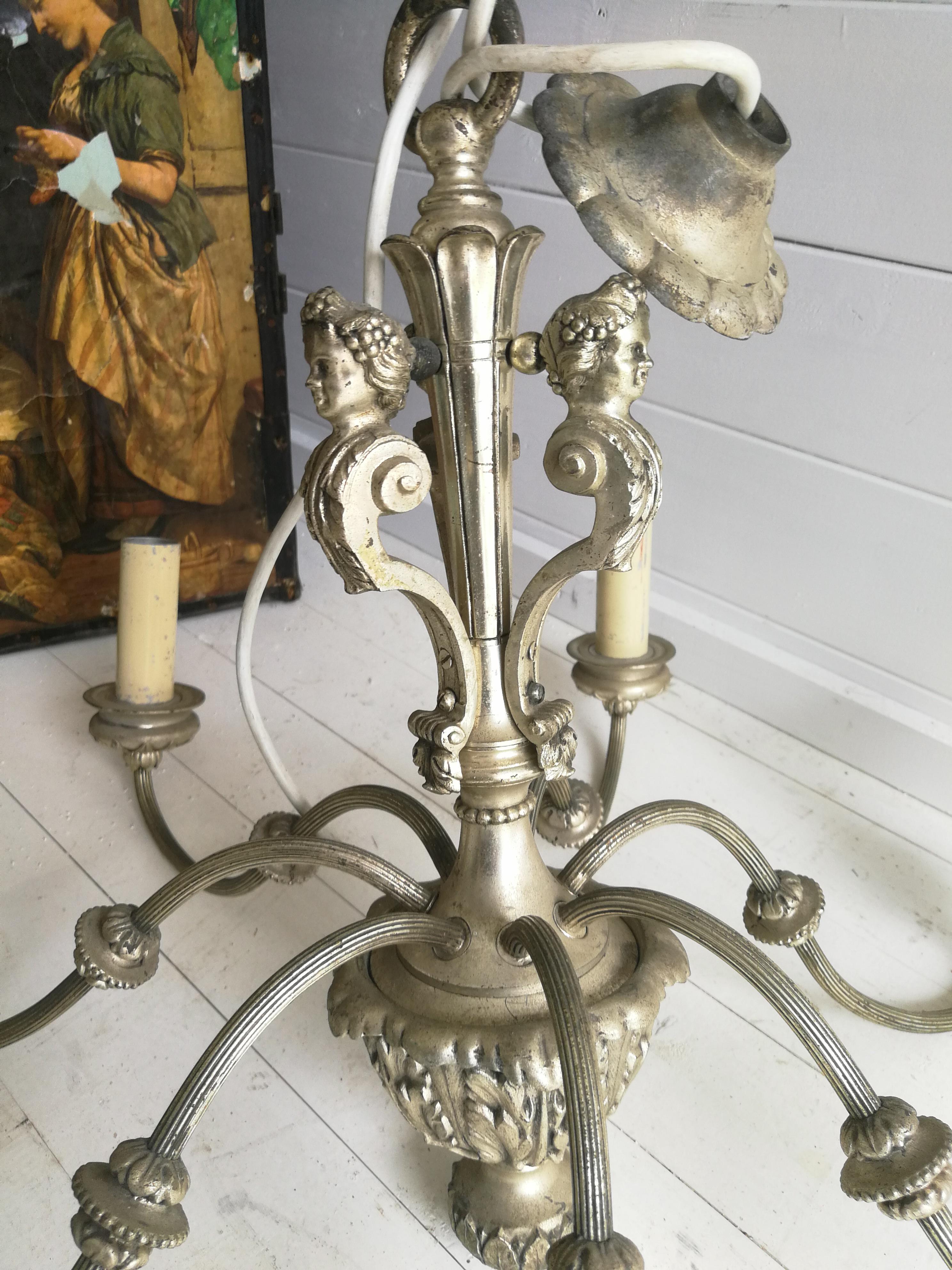 European Early 20 Century Silvered 7 Arms Chandelier Baroque Style
