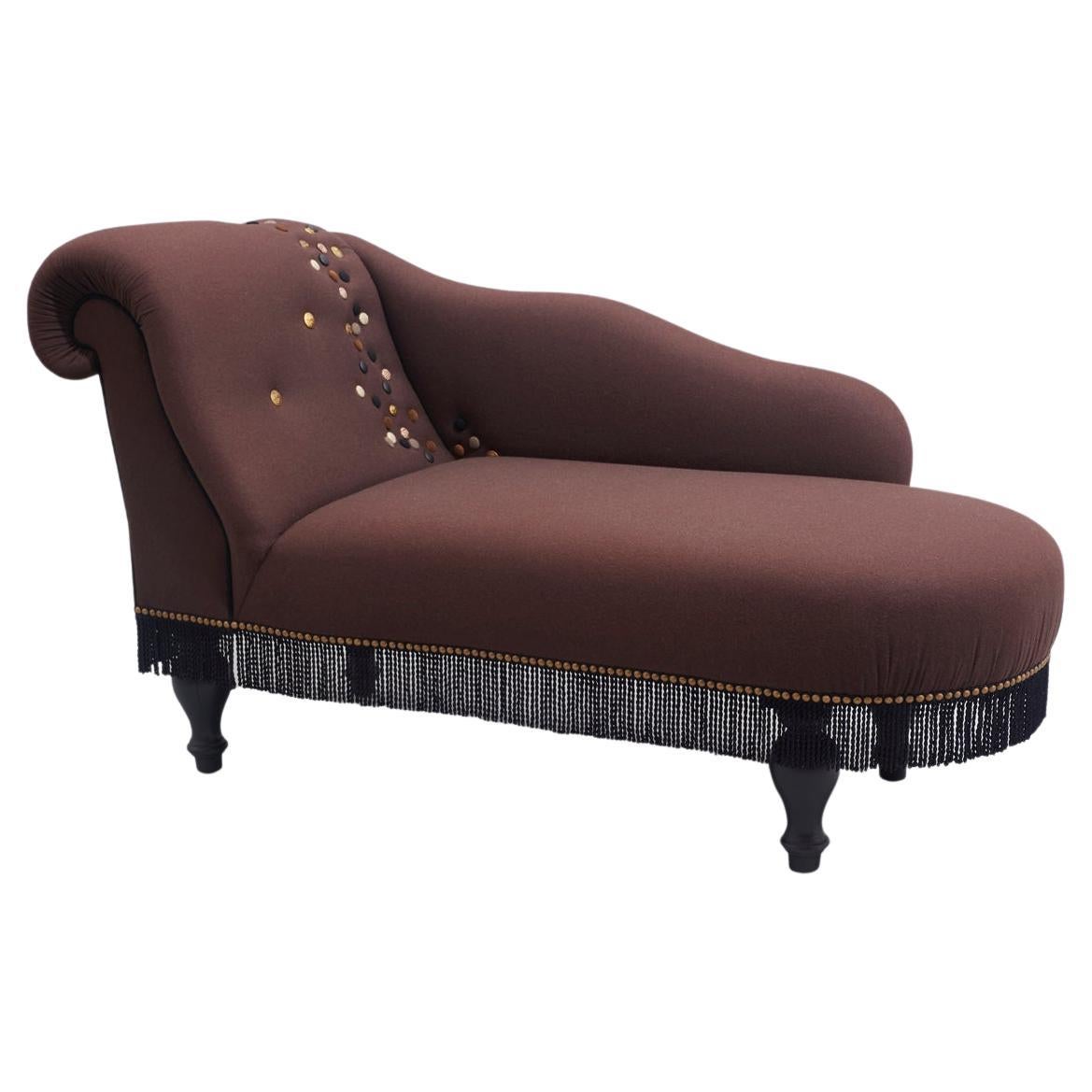 1920 Style Chaise Longues In Brown Wool Fabric And Brass Leather Button Detail