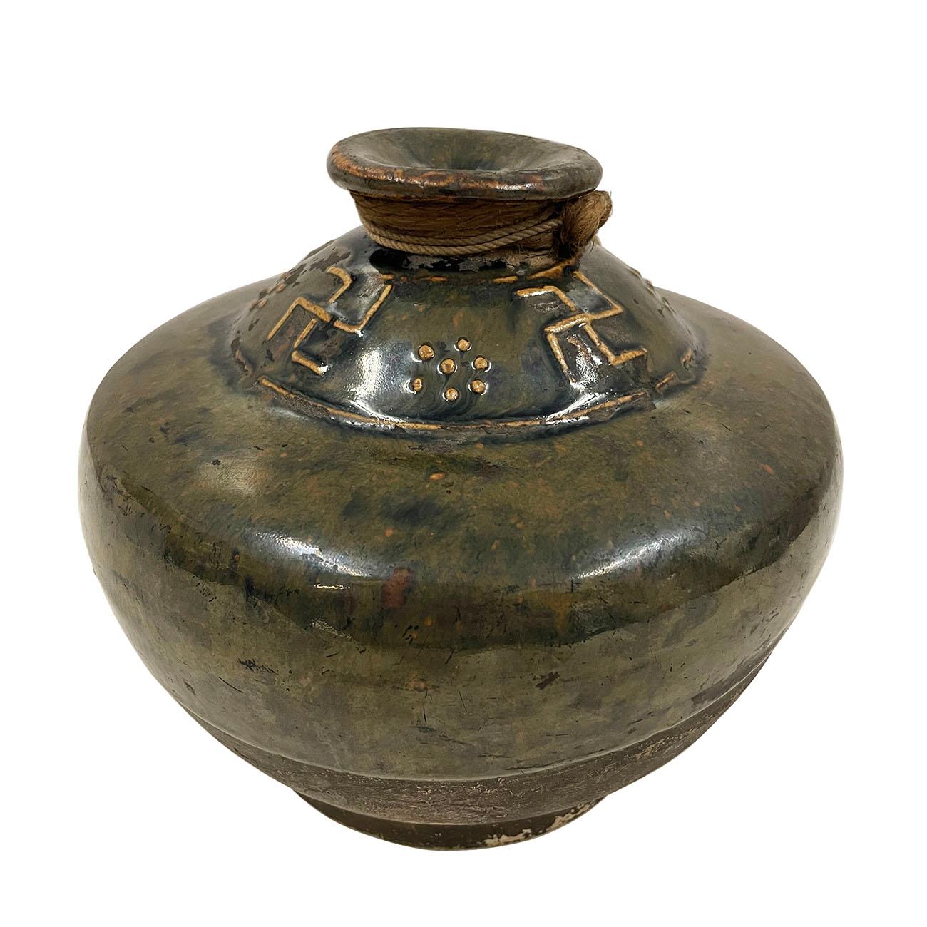 Chinese Export Early 20 Century Vintage Chinese Dark Green Glaze Pottery Vase/Liquor Bottle For Sale