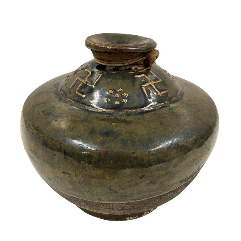 Early 20 Century Vintage Chinese Dark Green Glaze Pottery Vase/Liquor Bottle For Sale at 1stDibs