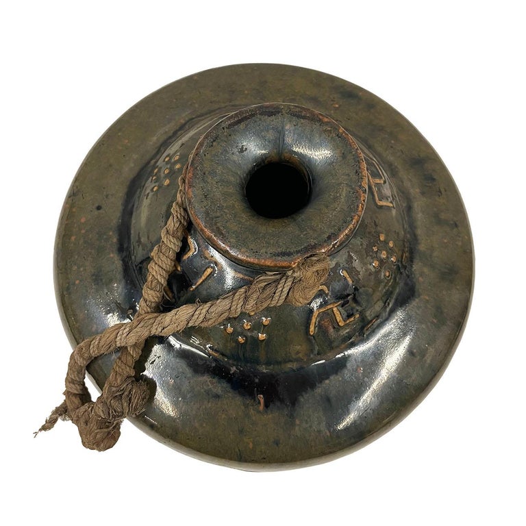 Early 20 Century Vintage Chinese Dark Green Glaze Pottery Vase/Liquor Bottle For Sale at 1stDibs